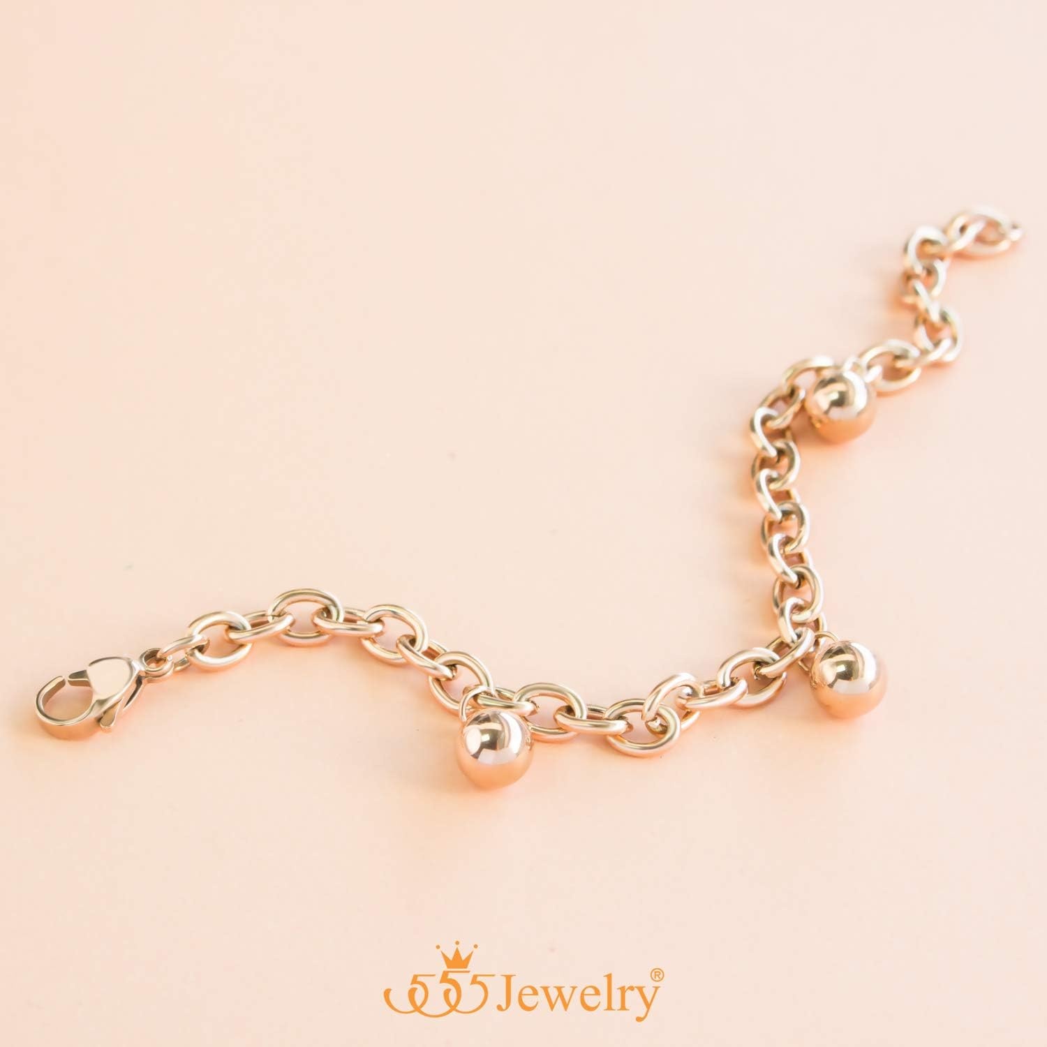 image:image555Jewelry 6mm Stainless Steel Beaded Charm Bracelet for Women amp Girls 75 InchRose Gold