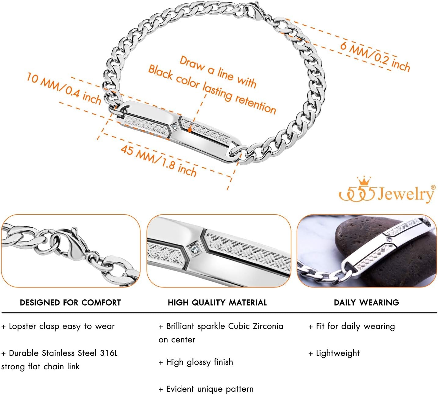 image:image555Jewelry 6mm Stainless Steel Curb Flat Cuban Link Chain Bracelet for Men 825 InchSilver Black