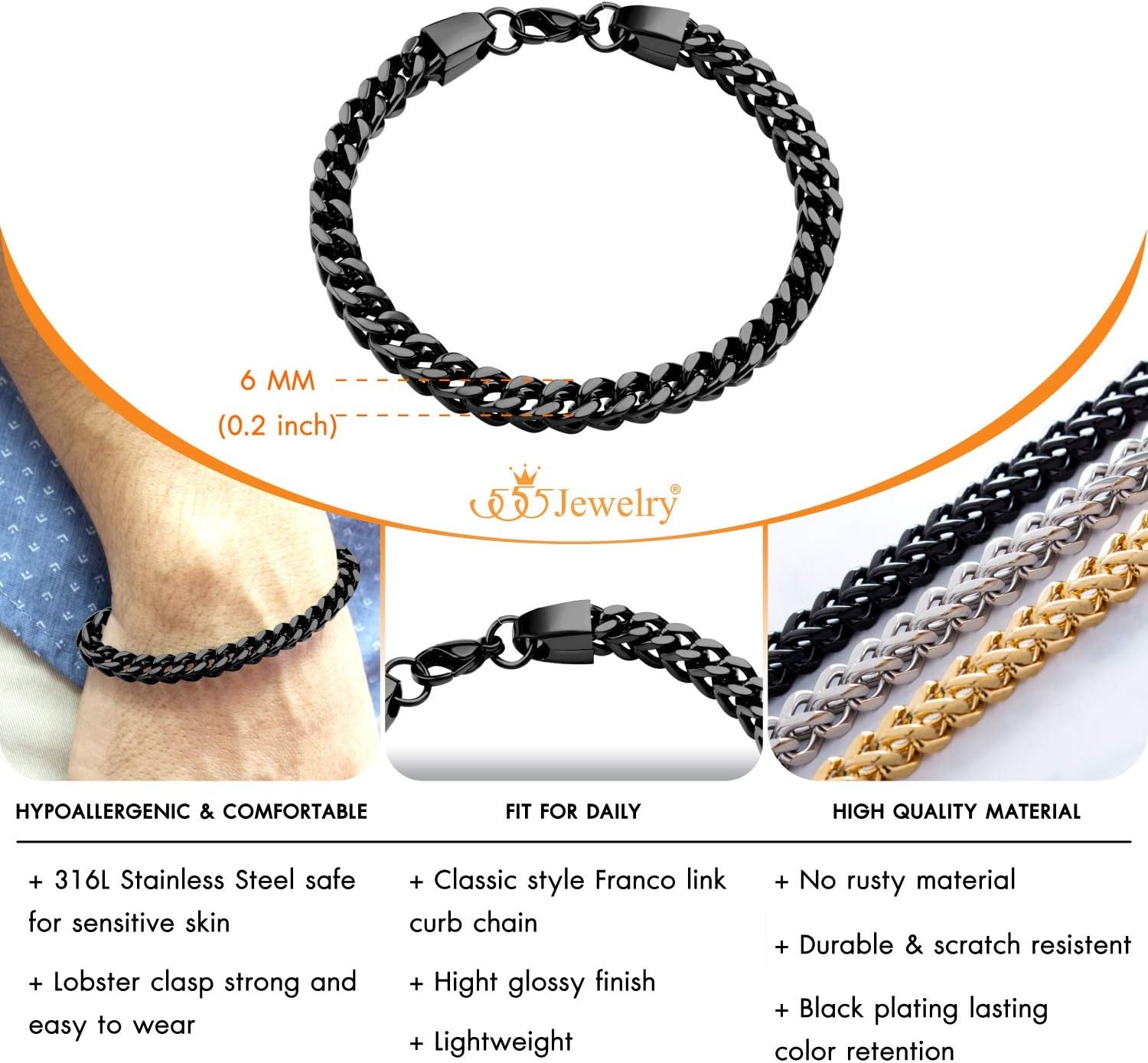 image:image555Jewelry 6mm Stainless Steel Square Franco Chain Bracelet for Men 65 to 9 InchBlack