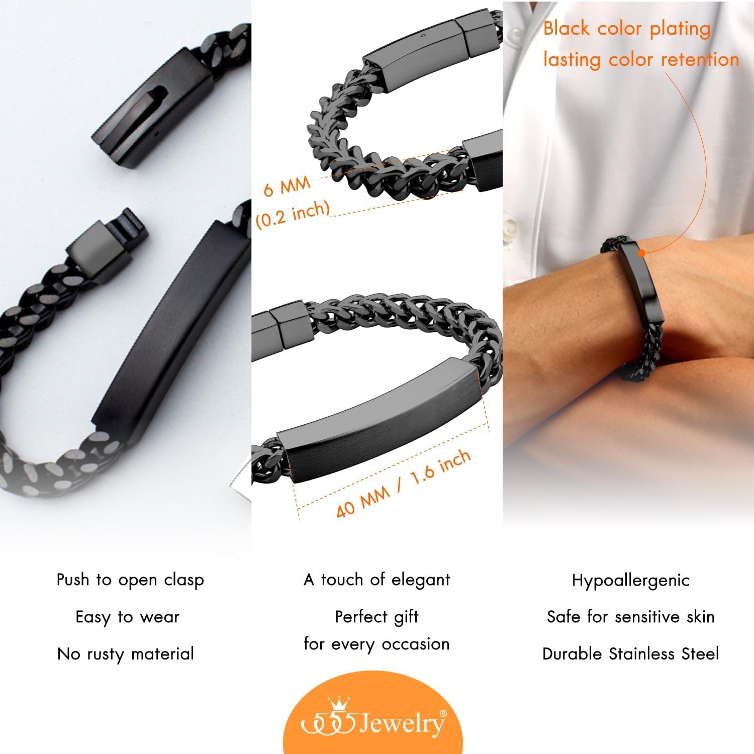 image:image555Jewelry 6mm Stainless Steel Square Franco Chain Bracelet for Men 65 to 9 InchBlack Style 2