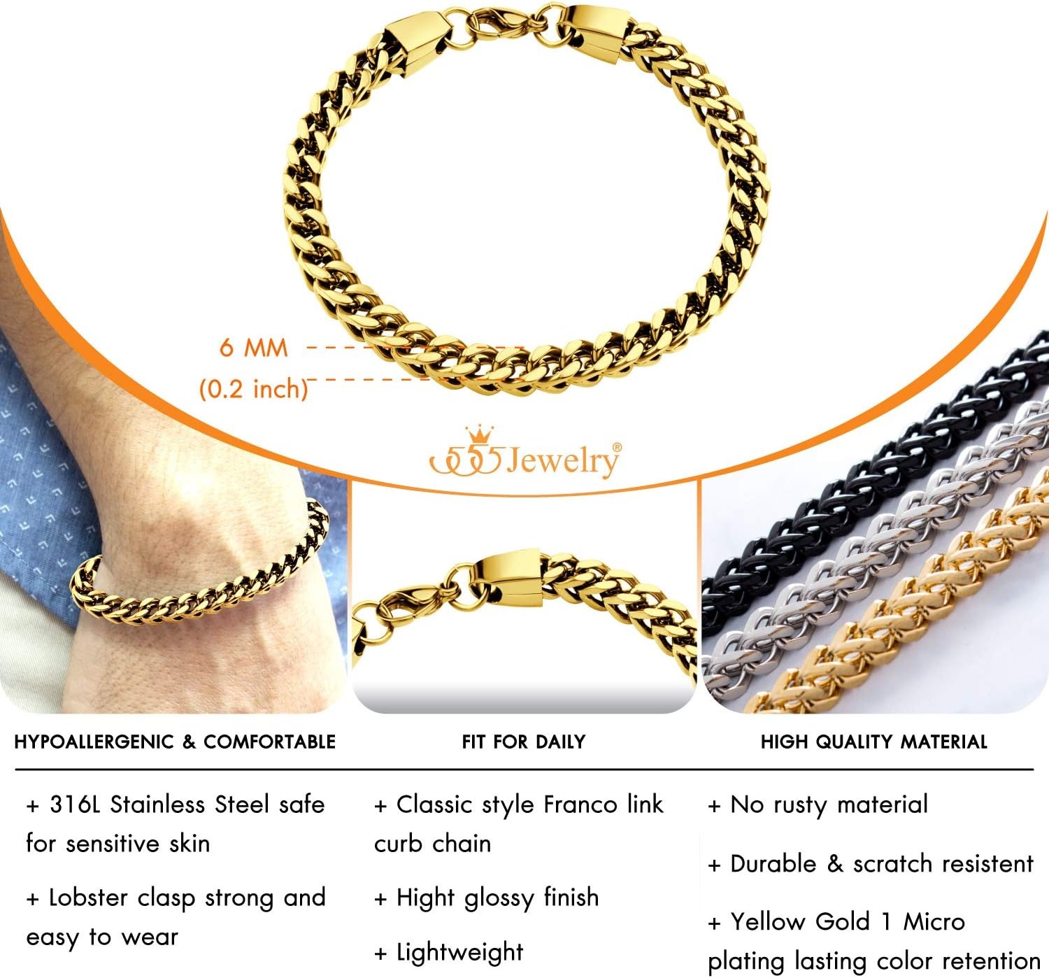 image:image555Jewelry 6mm Stainless Steel Square Franco Chain Bracelet for Men 65 to 9 InchGold