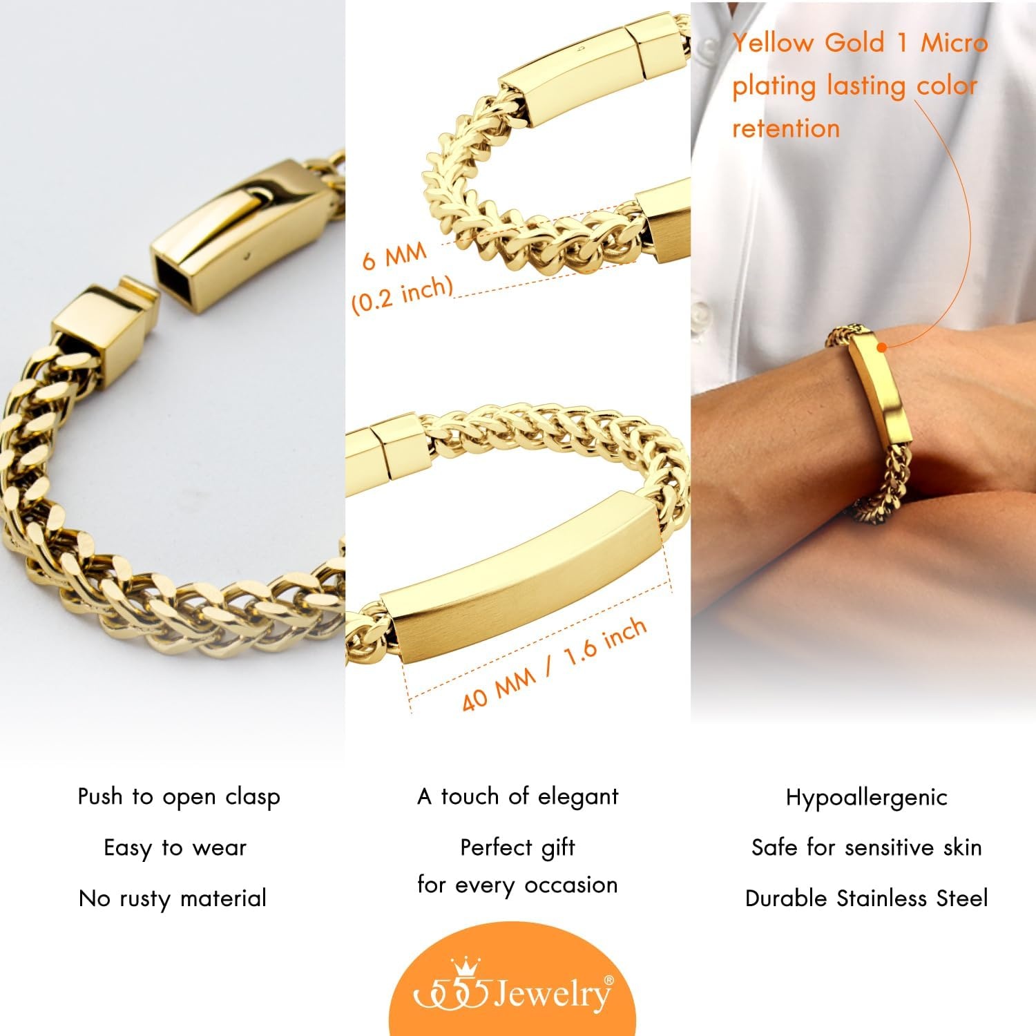 image:image555Jewelry 6mm Stainless Steel Square Franco Chain Bracelet for Men 65 to 9 InchGold Style 2