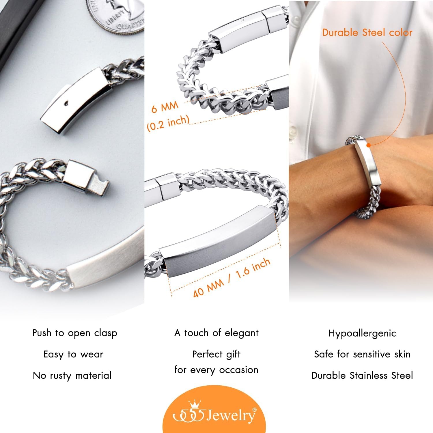image:image555Jewelry 6mm Stainless Steel Square Franco Chain Bracelet for Men 65 to 9 InchSilver Style 2