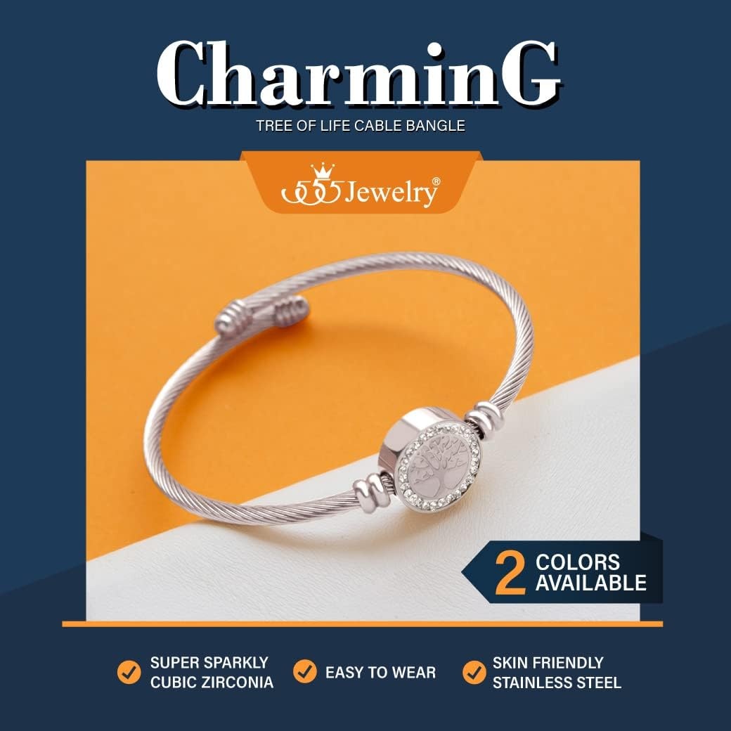 image:image555Jewelry Adjustable CZ Tree of Life Bracelet for Women Twisted Cable Wire Cuff BangleSilver