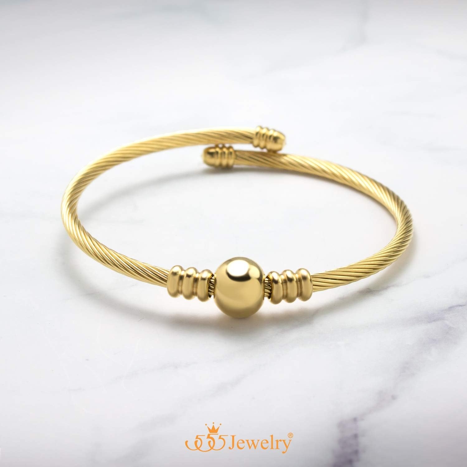 image:image555Jewelry Adjustable Stainless Steel Center Bead Twisted Cable Wire Bangle BraceletGold