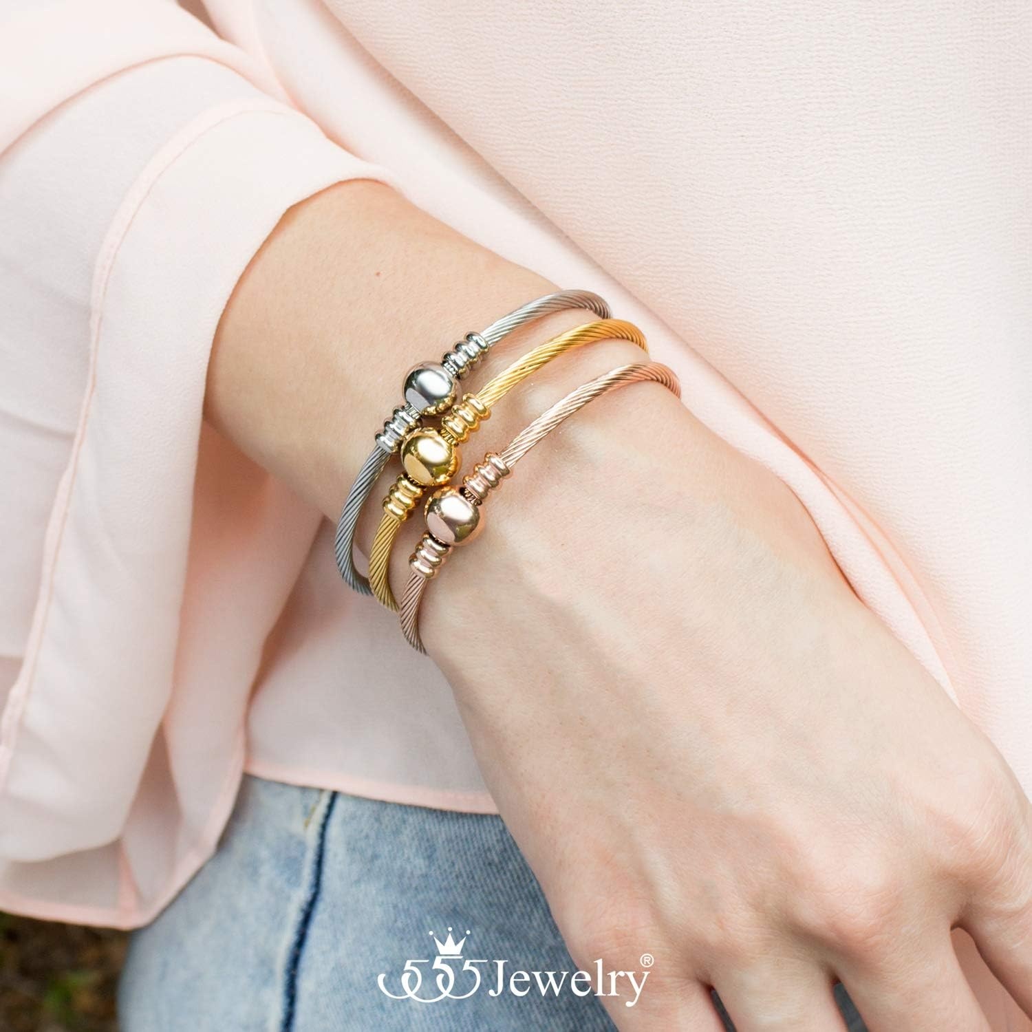 image:image555Jewelry Adjustable Stainless Steel Center Bead Twisted Cable Wire Bangle BraceletGold