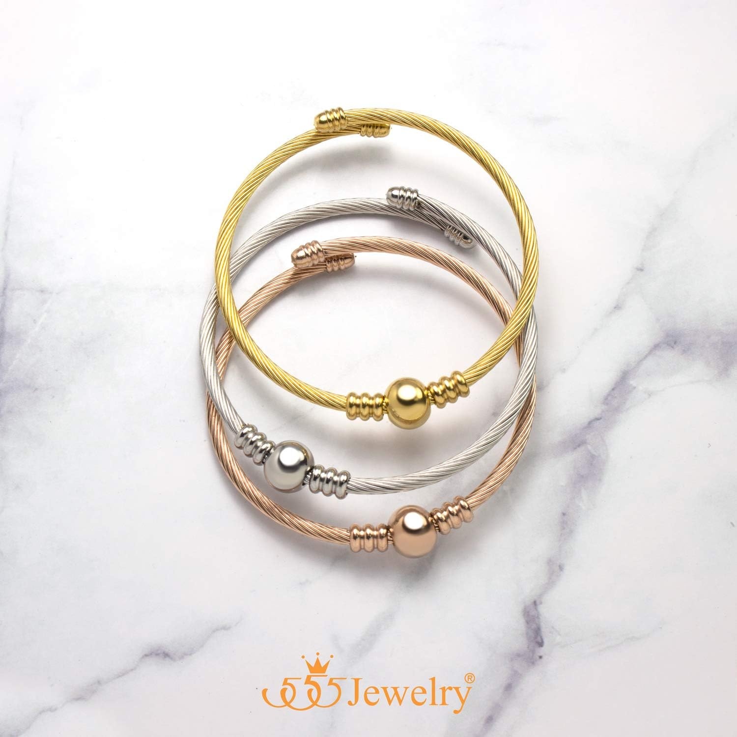 image:image555Jewelry Adjustable Stainless Steel Center Bead Twisted Cable Wire Bangle BraceletRose Gold