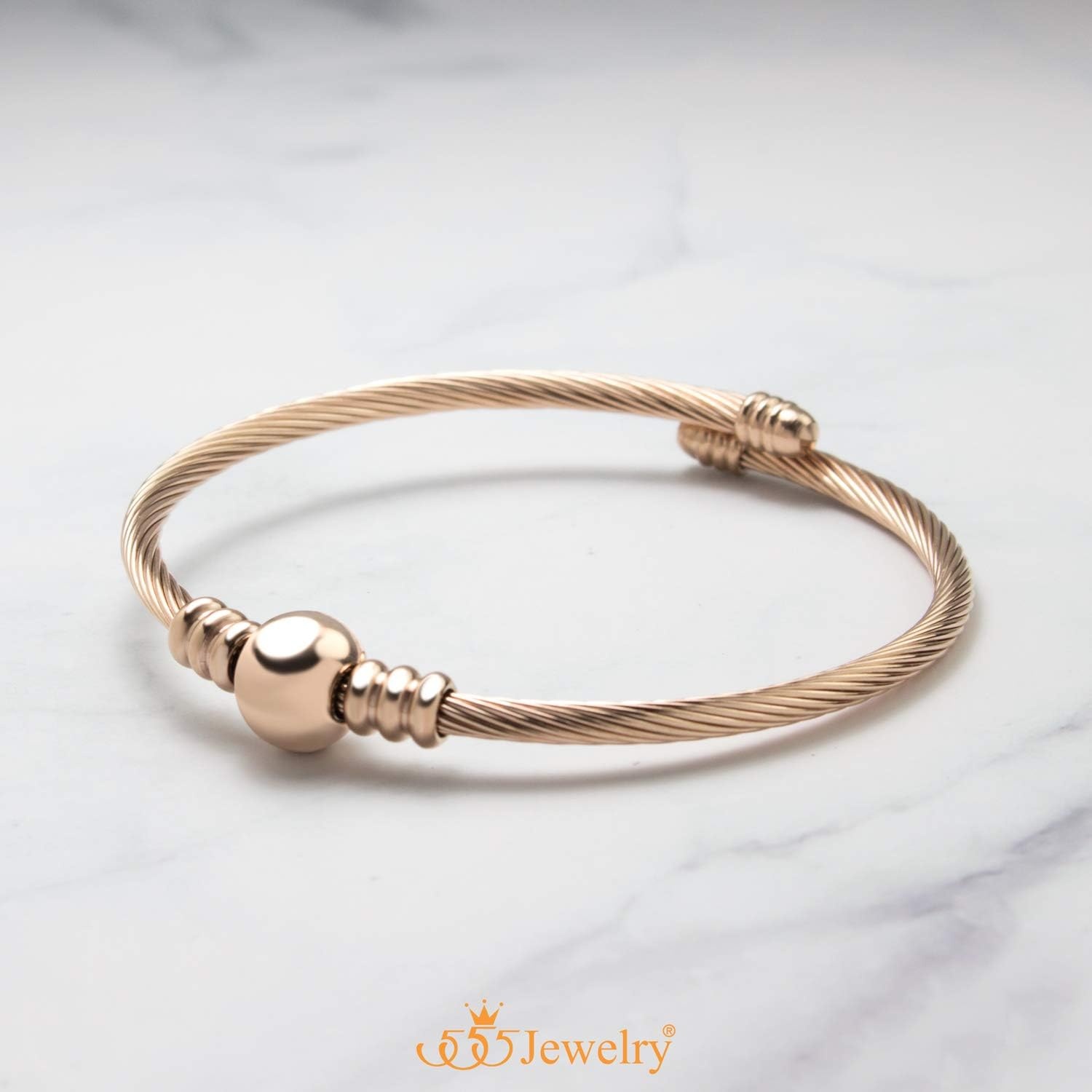 image:image555Jewelry Adjustable Stainless Steel Center Bead Twisted Cable Wire Bangle BraceletRose Gold
