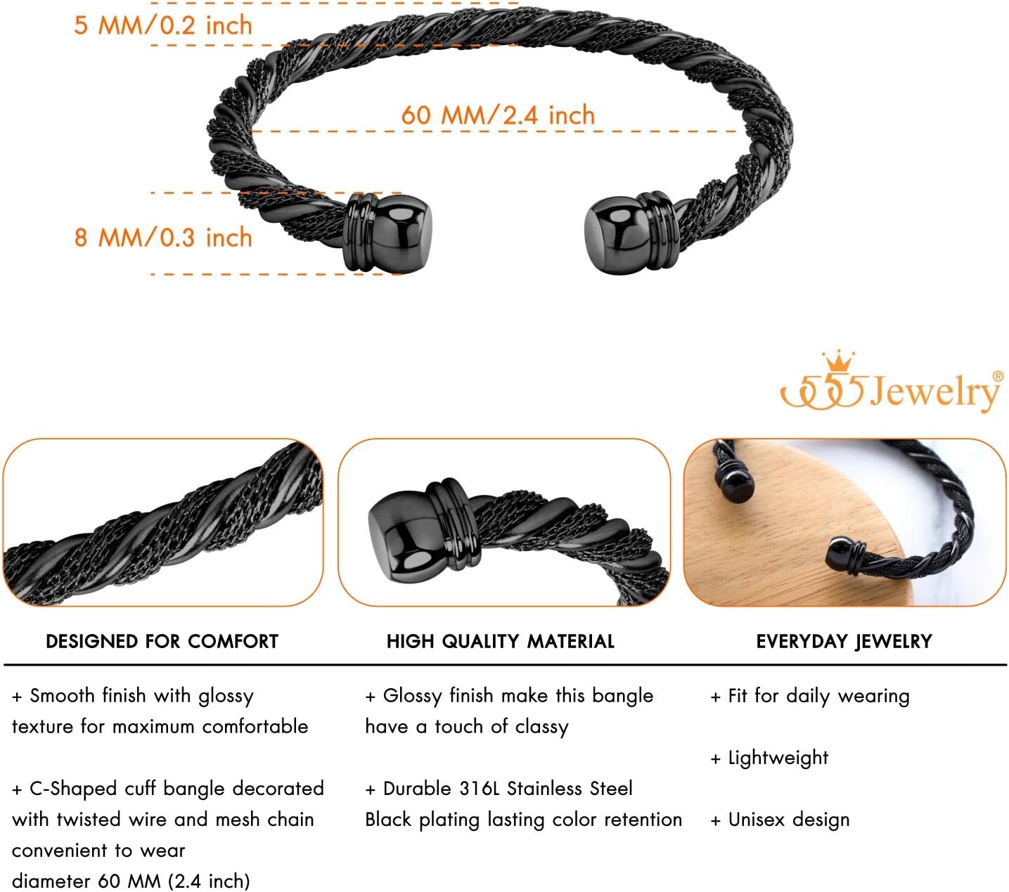 image:image555Jewelry Adjustable Stainless Steel Twisted Wire Cable Open Cuff Bangle Bracelet for Women amp LadiesBlack