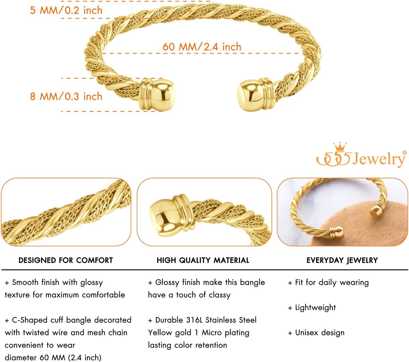 image:image555Jewelry Adjustable Stainless Steel Twisted Wire Cable Open Cuff Bangle Bracelet for Women amp LadiesGold