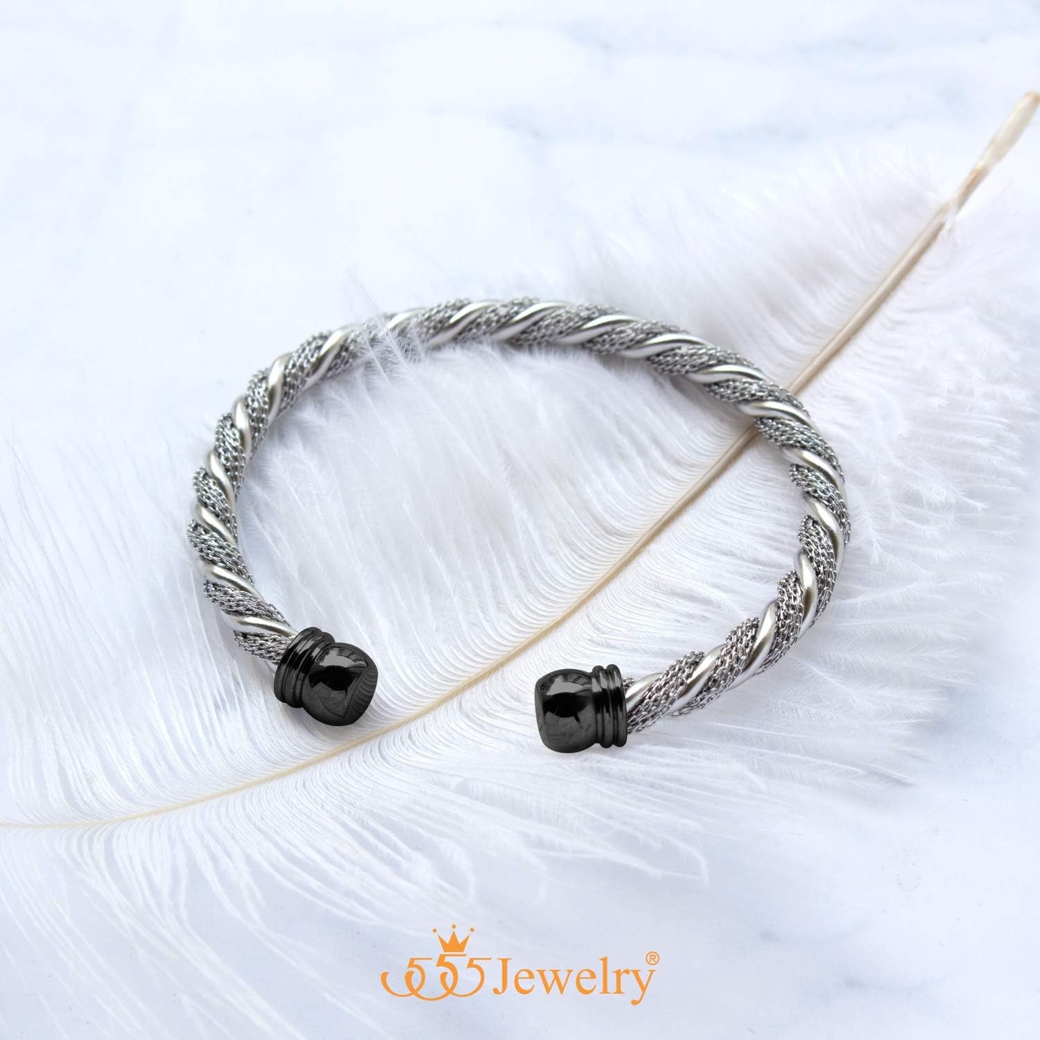 image:image555Jewelry Adjustable Stainless Steel Twisted Wire Cable Open Cuff Bangle Bracelet for Women amp LadiesSilver Black