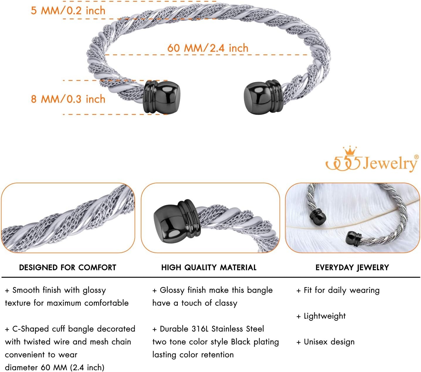 image:image555Jewelry Adjustable Stainless Steel Twisted Wire Cable Open Cuff Bangle Bracelet for Women amp LadiesSilver Black