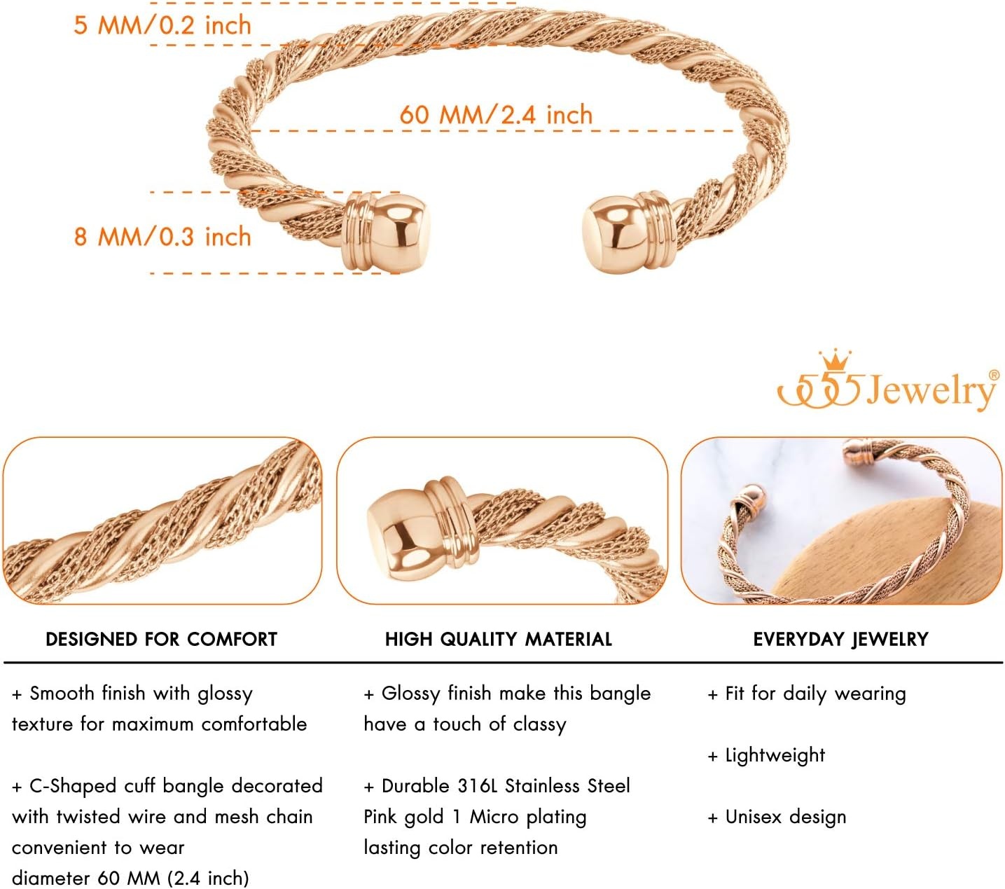 image:image555Jewelry Adjustable Stainless Steel Twisted Wire Open Cuff Bangle Cable Bracelet Designer Inspired Bracelet Twisted Cable Bracelets for Women amp Ladies Rose Gold