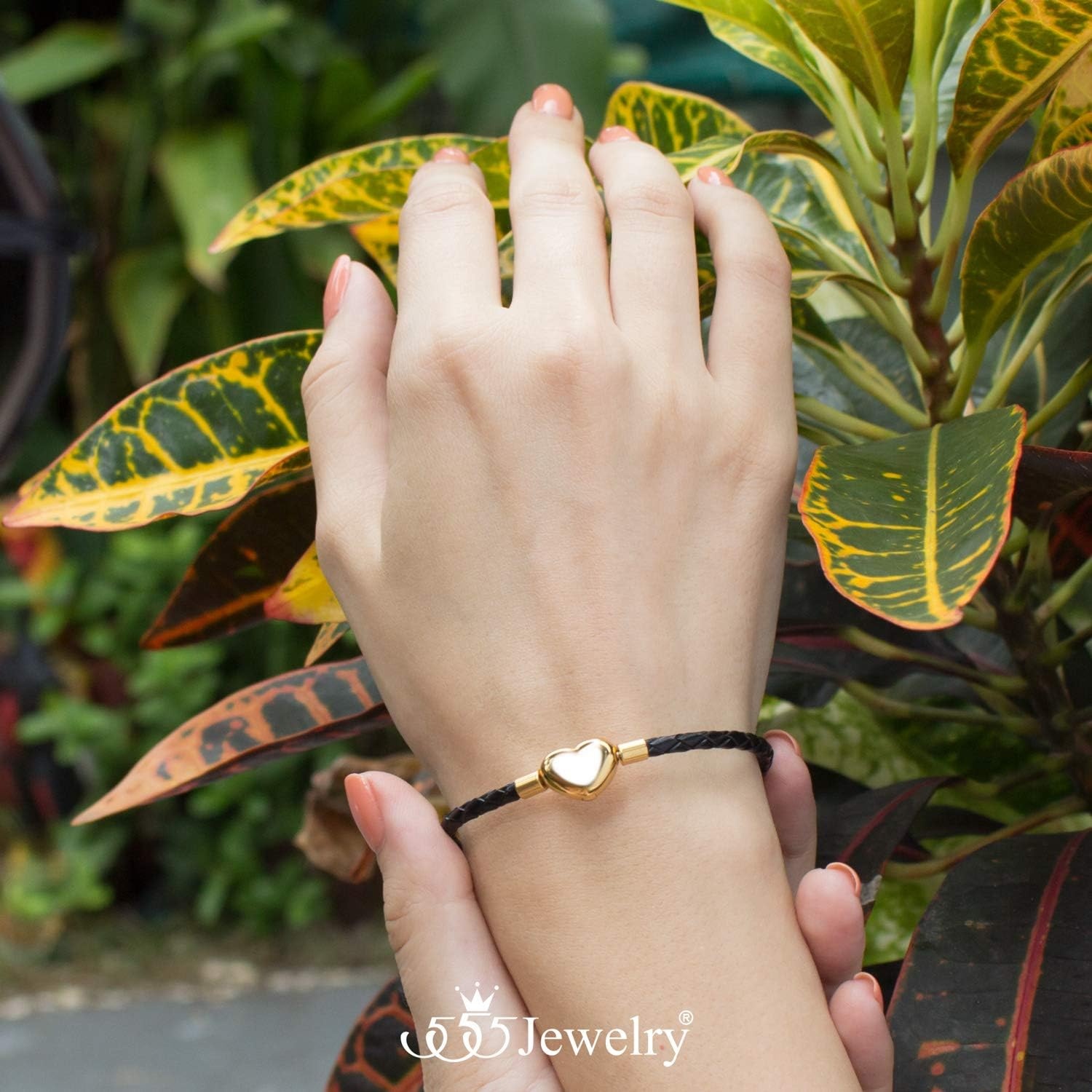 image:image555Jewelry Braided Black Leather Heart Charm Bracelet Bangle for Women amp LadiesBlack Gold