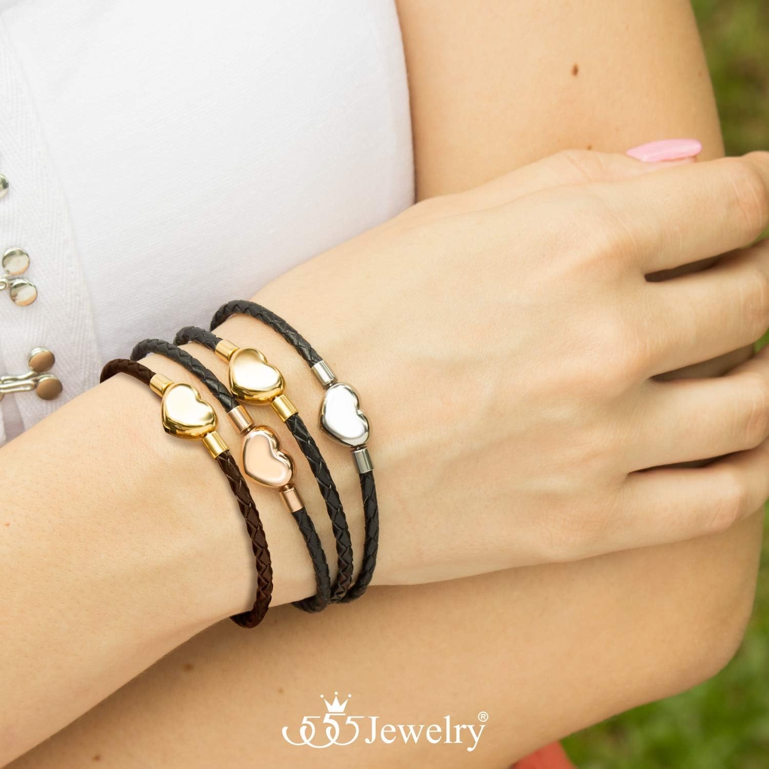 image:image555Jewelry Braided Black Leather Heart Charm Bracelet Bangle for Women amp LadiesBlack Rose Gold