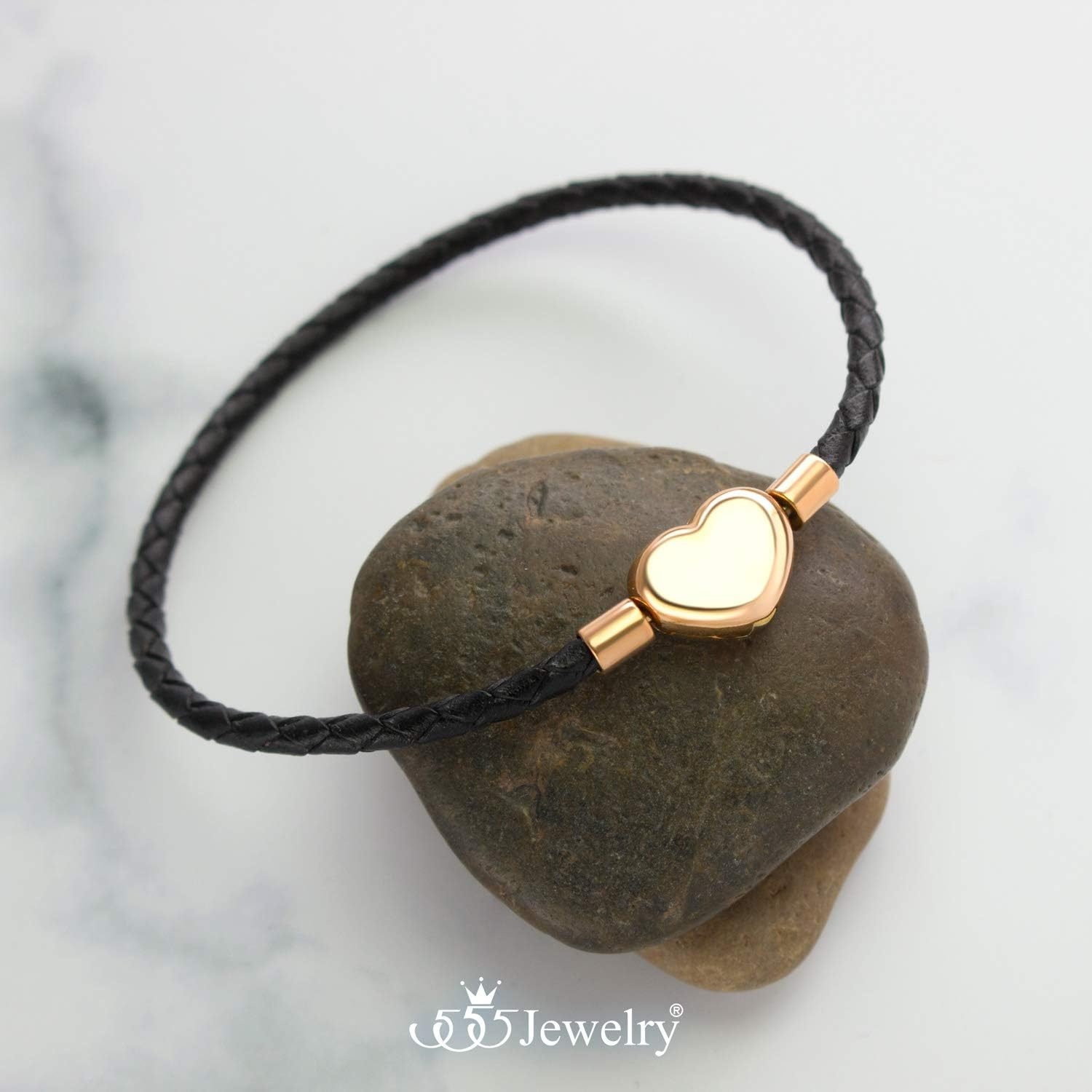 image:image555Jewelry Braided Black Leather Heart Charm Bracelet Bangle for Women amp LadiesBlack Rose Gold