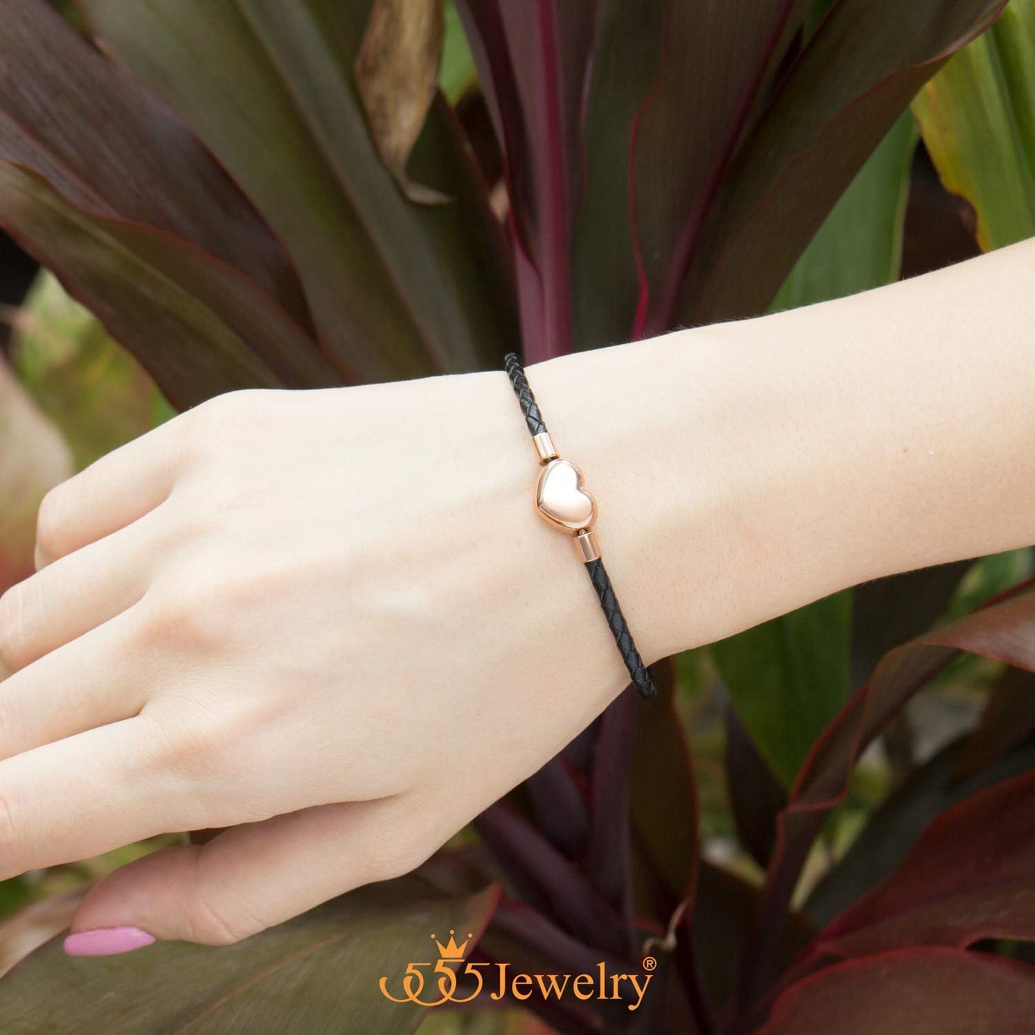 image:image555Jewelry Braided Black Leather Heart Charm Bracelet Bangle for Women amp LadiesBlack Rose Gold
