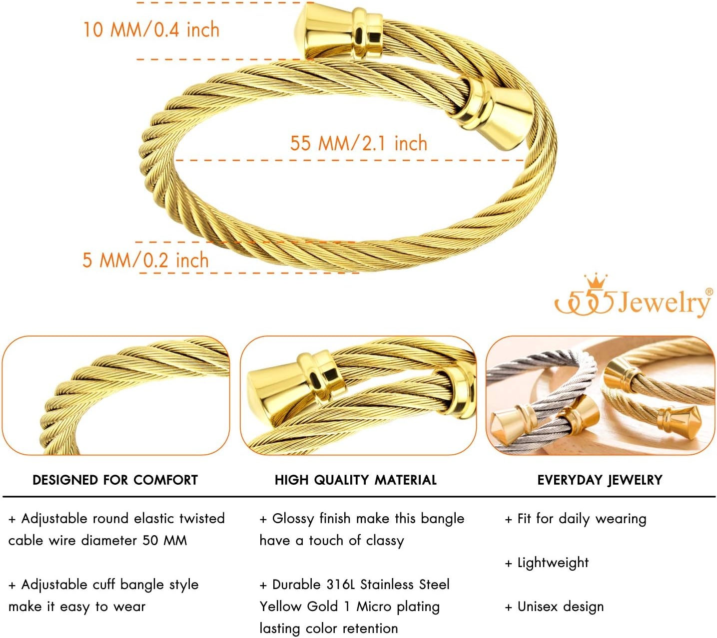image:image555Jewelry Classic Vintage Stainless Steel Twisted Wire Cuff Bracelet BangleGold
