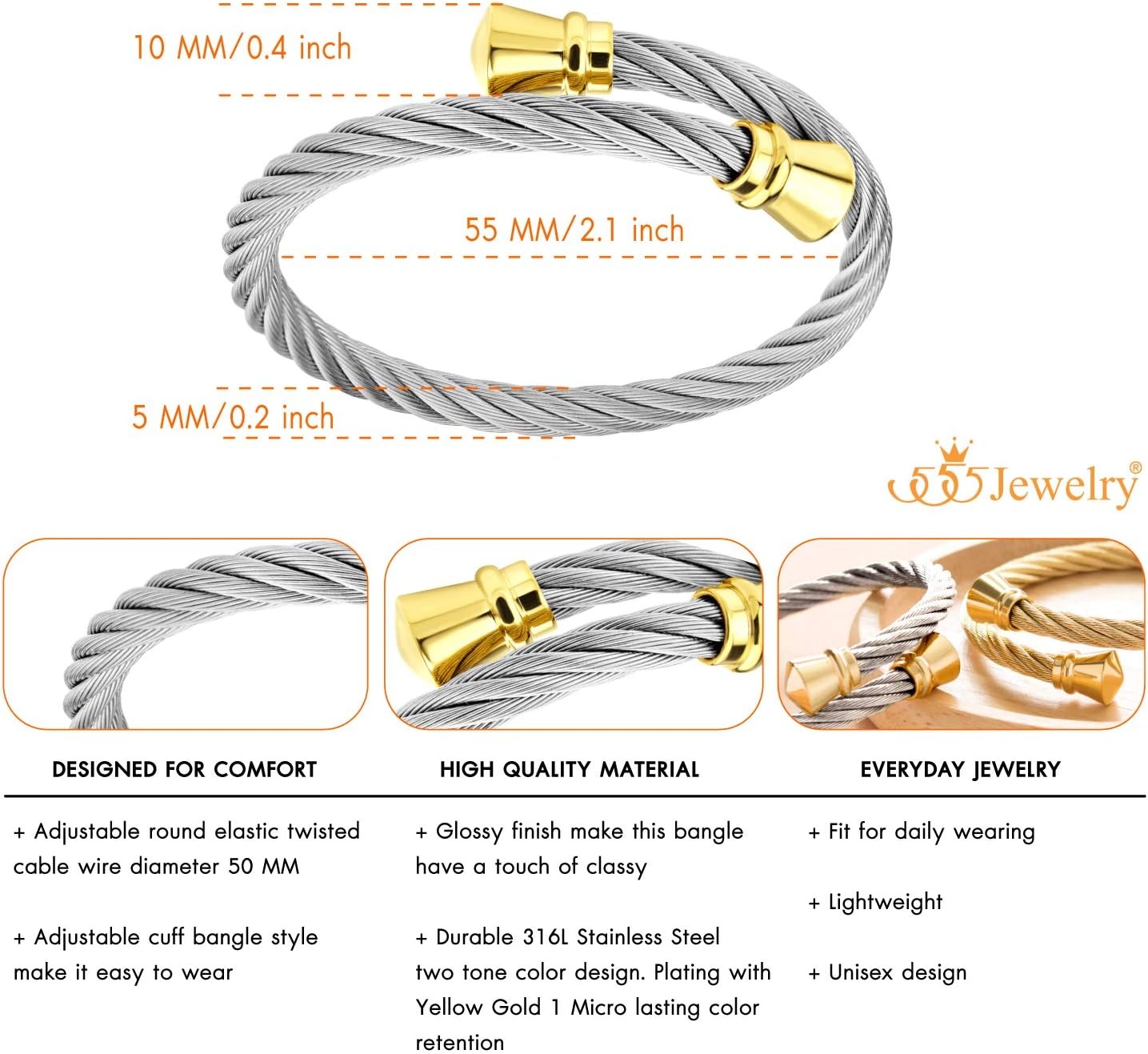 image:image555Jewelry Classic Vintage Stainless Steel Twisted Wire Cuff Bracelet BangleSilver Gold