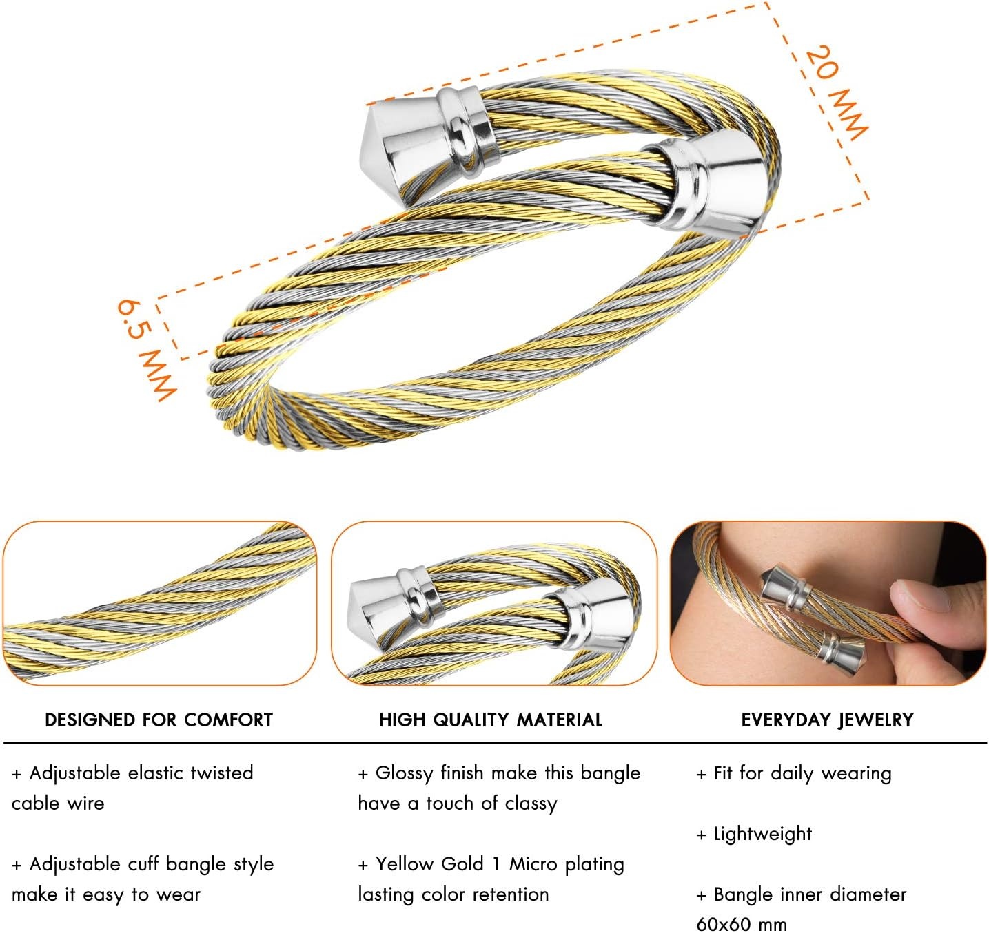 image:image555Jewelry Classic Vintage Stainless Steel Twisted Wire Cuff Bracelet BangleYellow Gold Silver