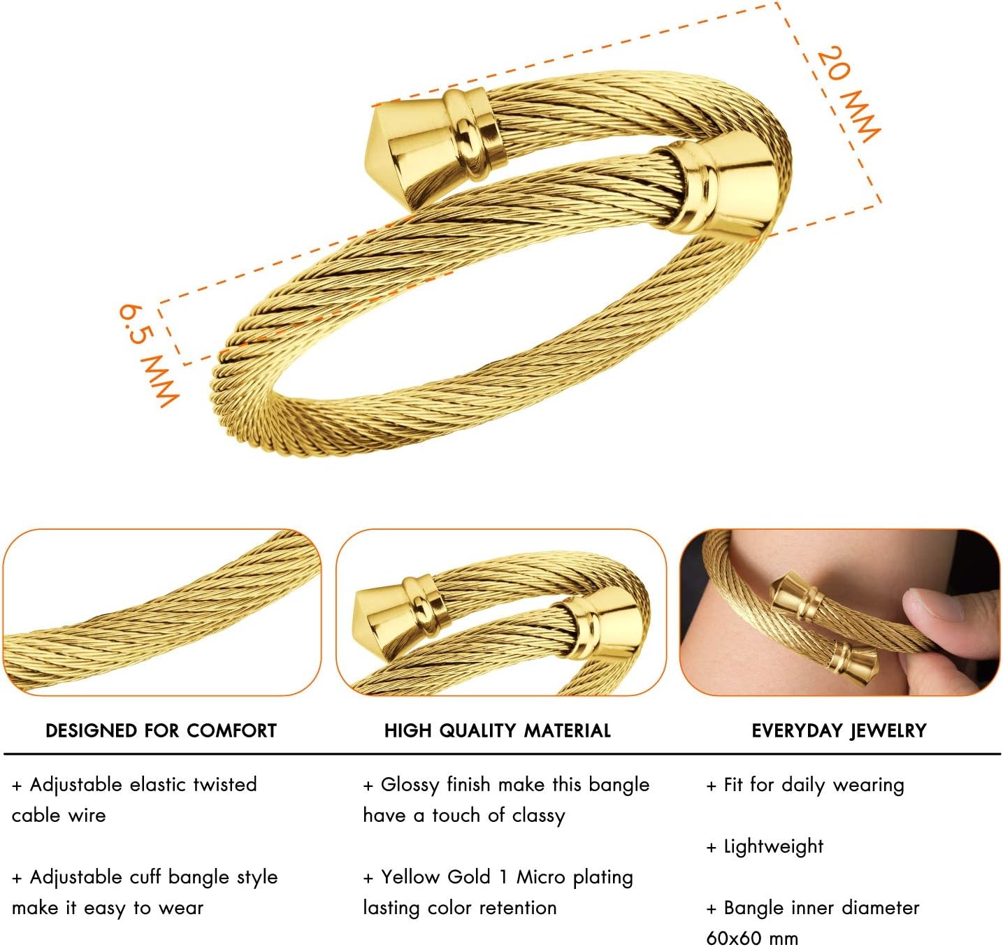 image:image555Jewelry Classic Vintage Stainless Steel Twisted Wire Cuff Bracelet BangleYellow Gold