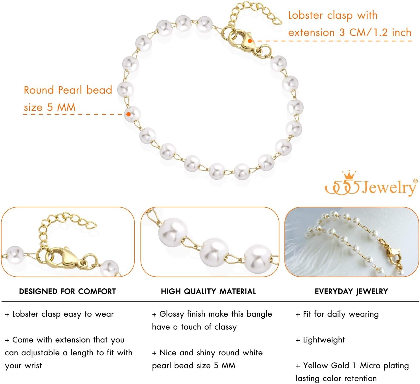 image:image555Jewelry Extendable Pearls Beaded Charm Bracelet for Women amp Ladies 75 InchGold