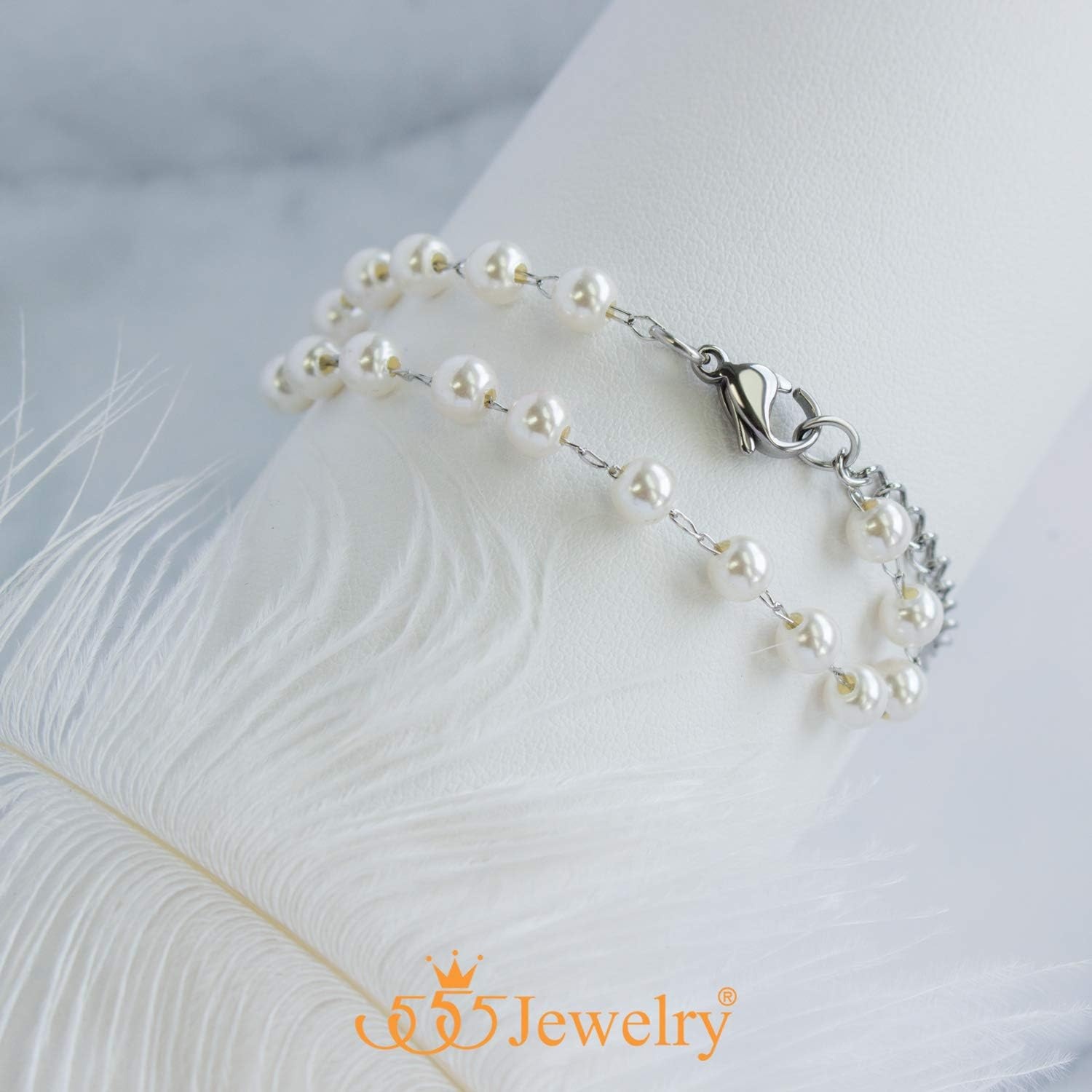image:image555Jewelry Extendable Pearls Beaded Charm Bracelet for Women amp Ladies 75 InchSilver