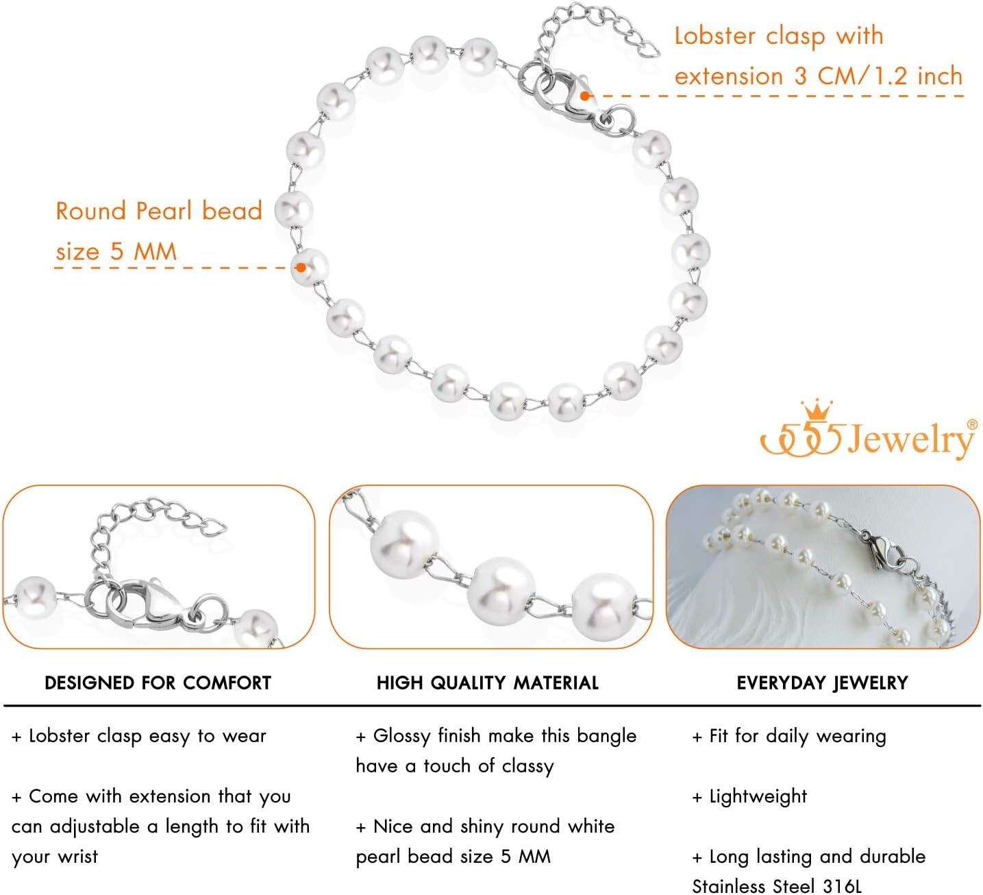 image:image555Jewelry Extendable Pearls Beaded Charm Bracelet for Women amp Ladies 75 InchSilver