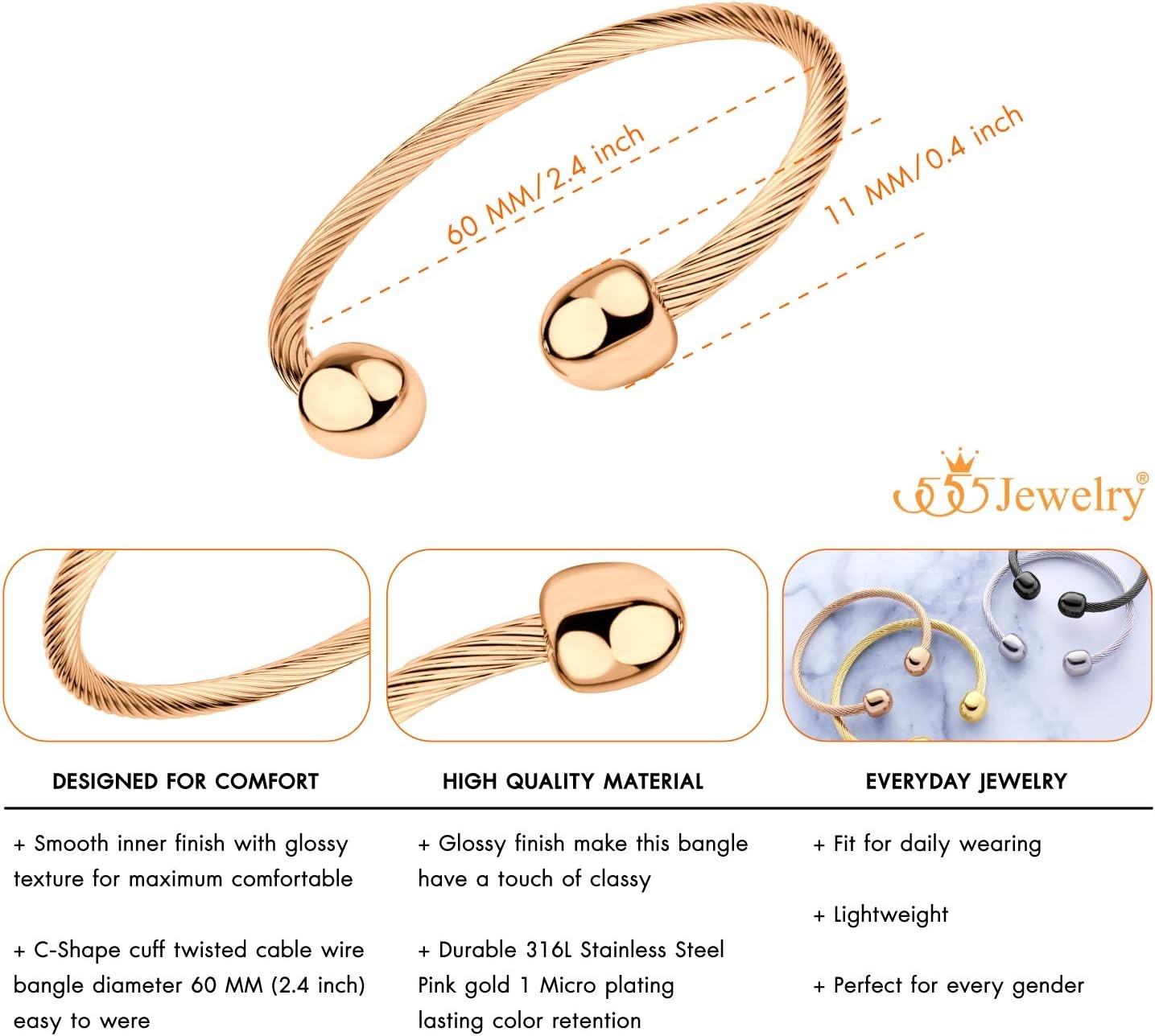 image:image555Jewelry Flexible Twisted Wire Cable Open Cuff Bangle Bracelet for Men amp WomenRose Gold