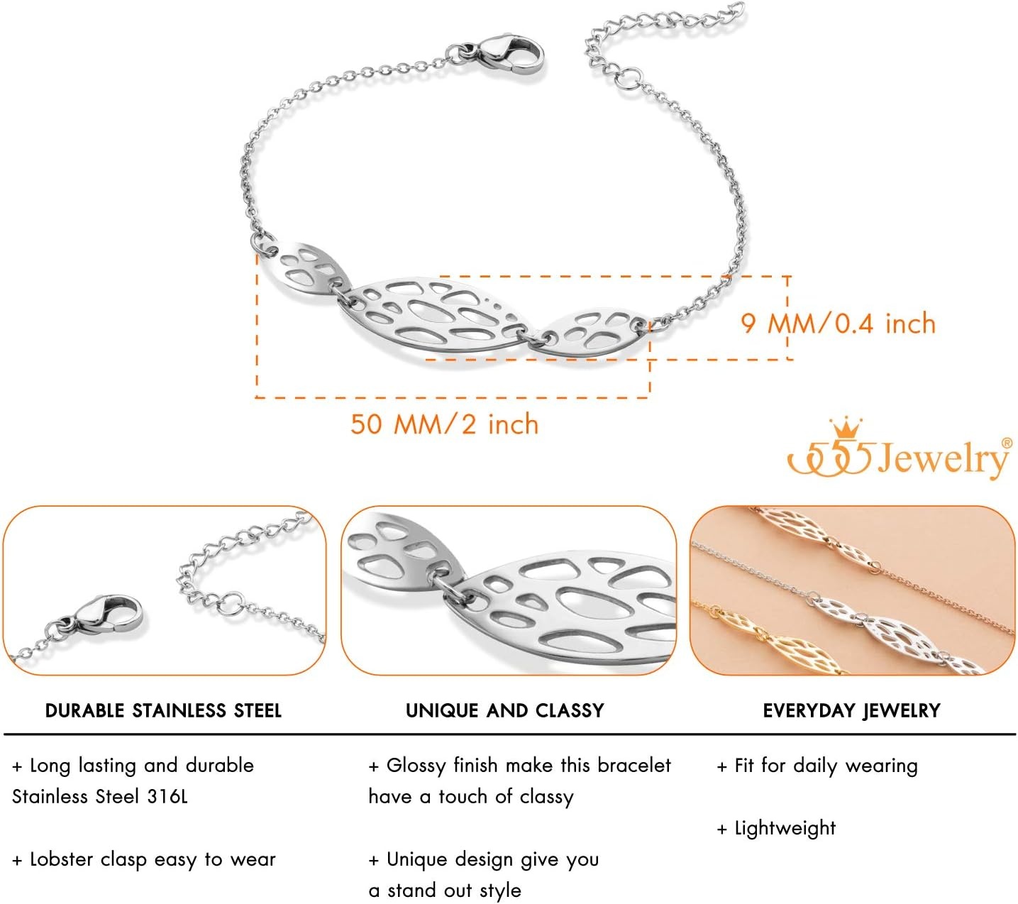 image:image555Jewelry Stainless Steel Adjustable Dainty Abstract Link Bracelet for Women amp LadiesSilver