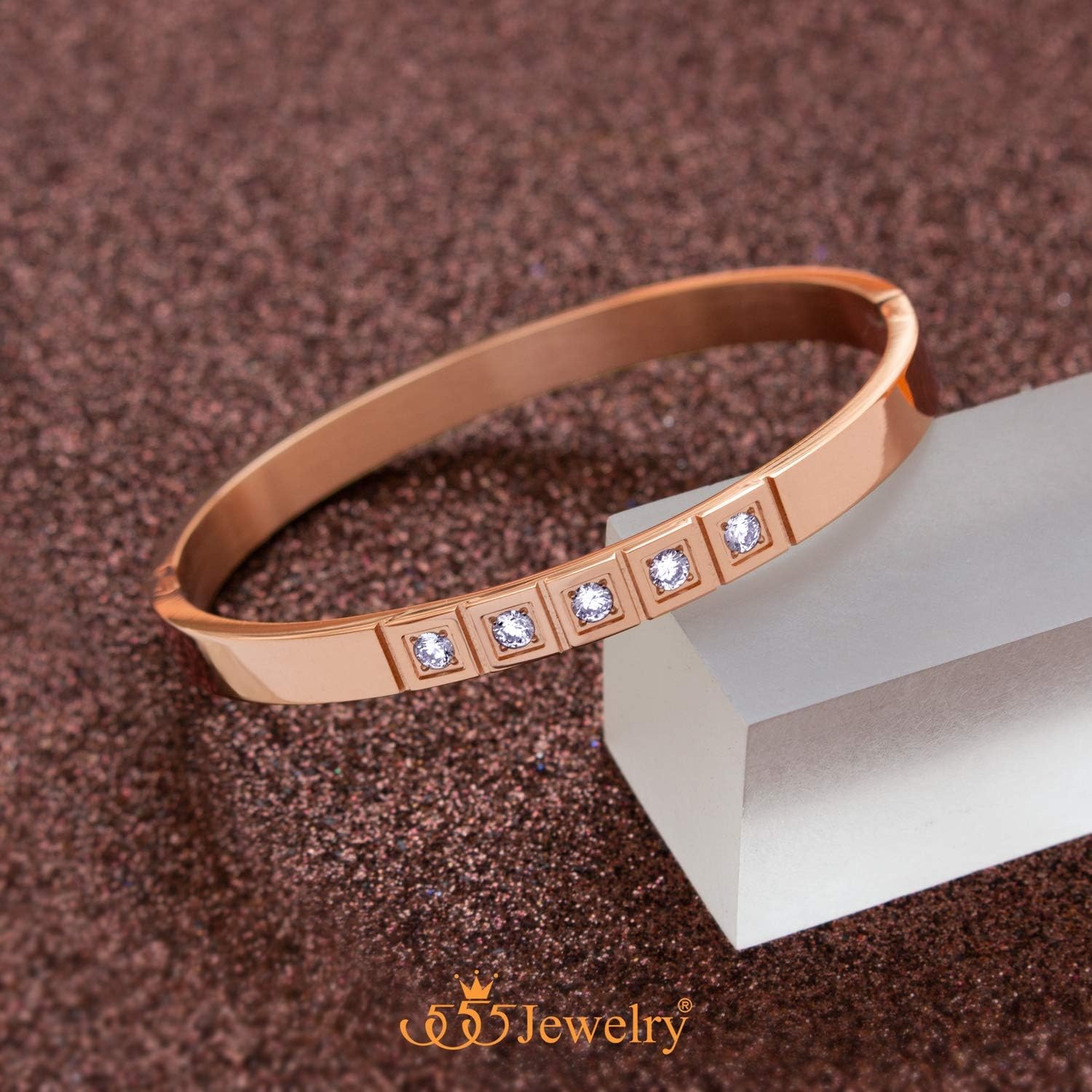 image:image555Jewelry Stainless Steel CZ Cuff Hinged Bangle Bracelet for Men amp WomenRose Gold