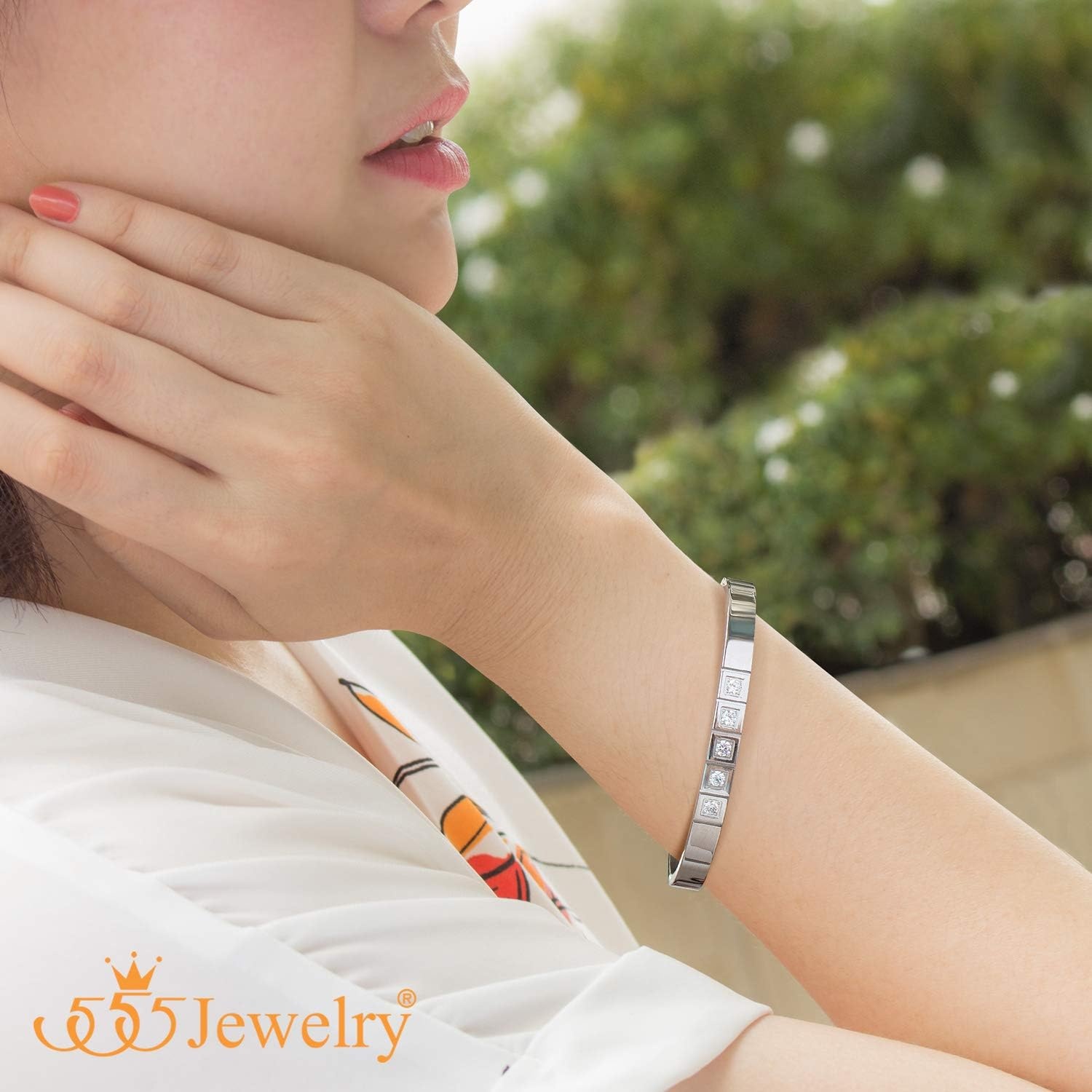 image:image555Jewelry Stainless Steel CZ Cuff Hinged Bangle Bracelet for Men amp WomenSilver