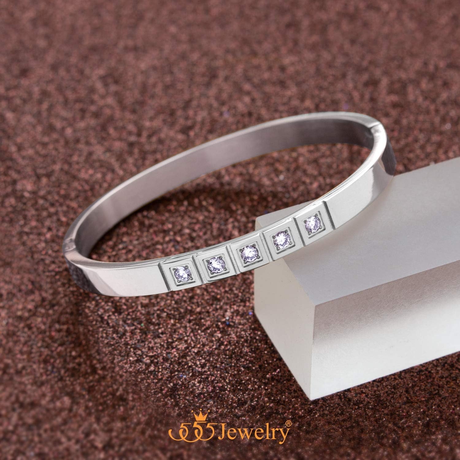 image:image555Jewelry Stainless Steel CZ Cuff Hinged Bangle Bracelet for Men amp WomenSilver