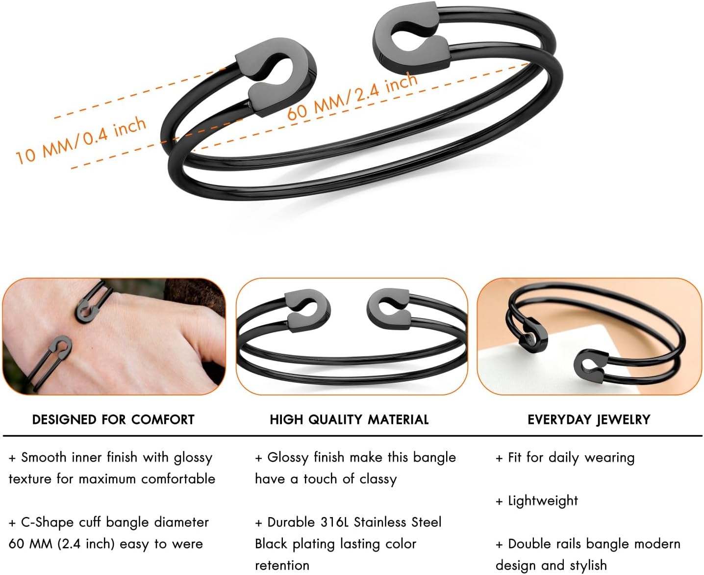 image:image555Jewelry Stainless Steel Dual Wire Open Cuff Bangle Bracelet for Women amp LadiesBlack