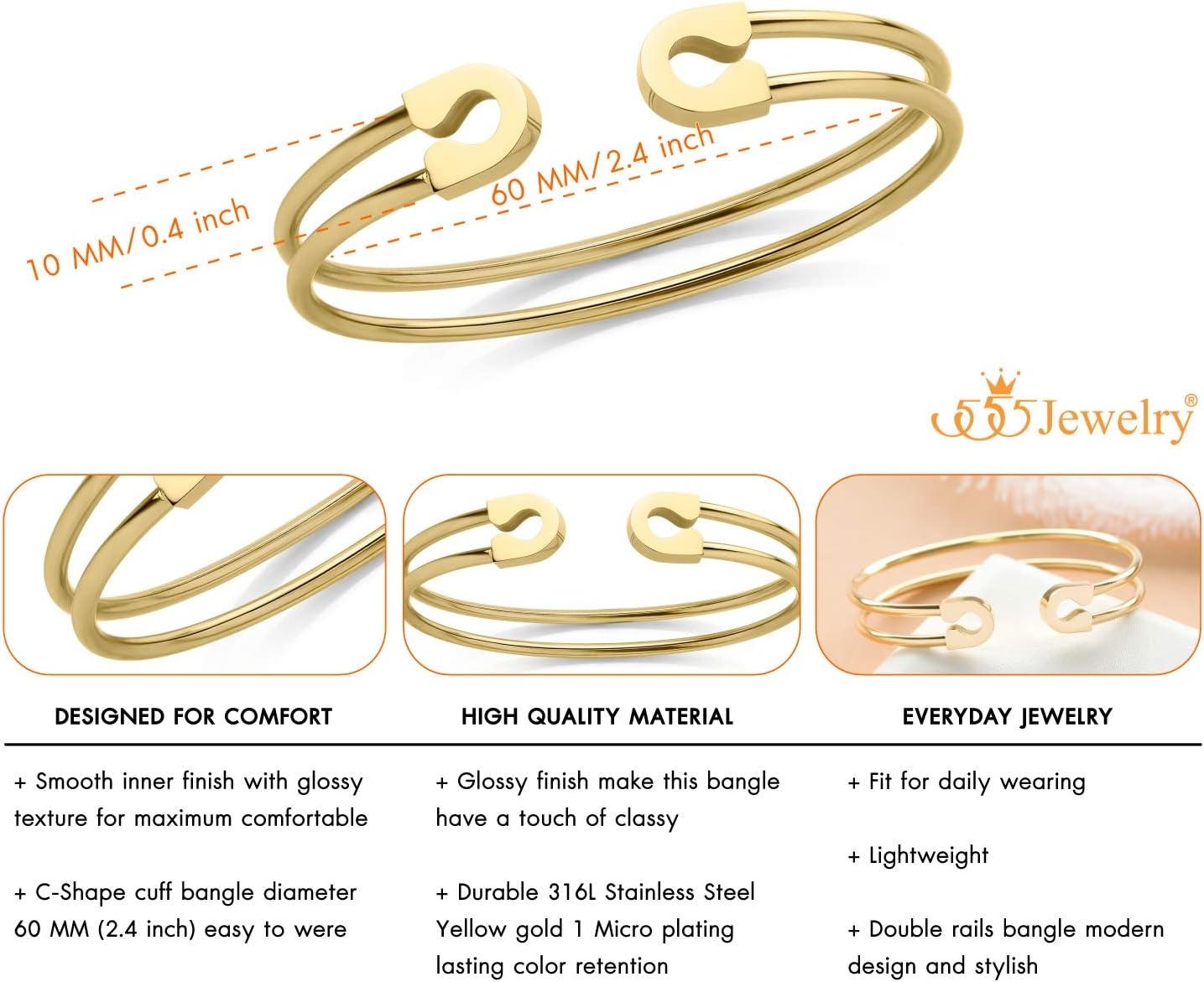 image:image555Jewelry Stainless Steel Dual Wire Open Cuff Bangle Bracelet for Women amp LadiesGold