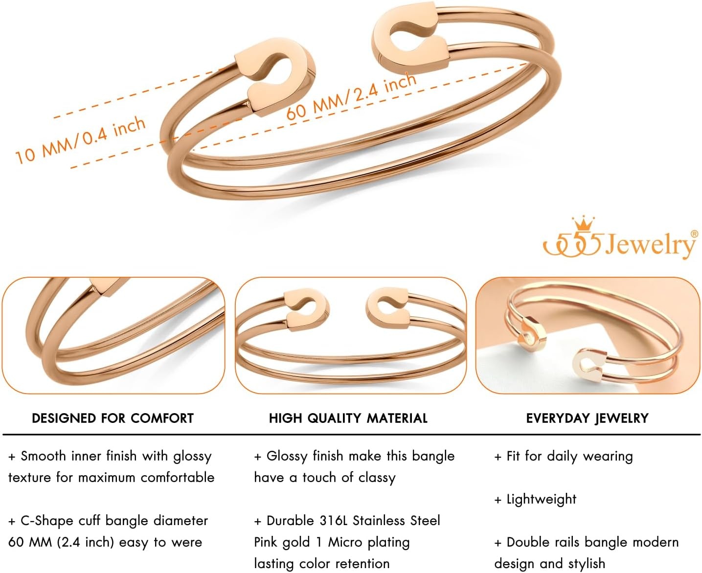 image:image555Jewelry Stainless Steel Dual Wire Open Cuff Bangle Bracelet for Women amp LadiesRose Gold