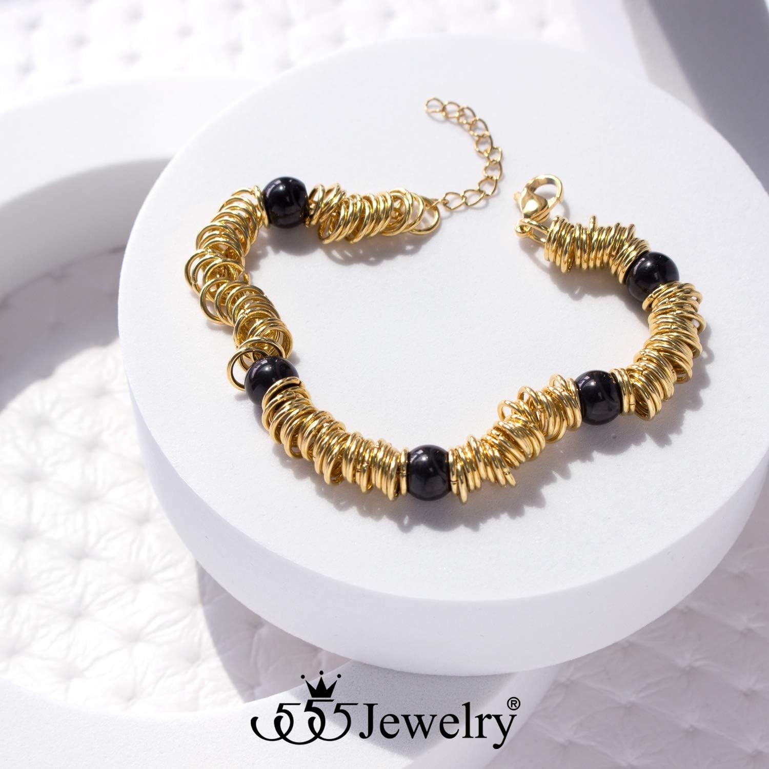 image:image555Jewelry Stainless Steel Extendable Charm Discs amp Beads Bracelet for WomenGold Onyx