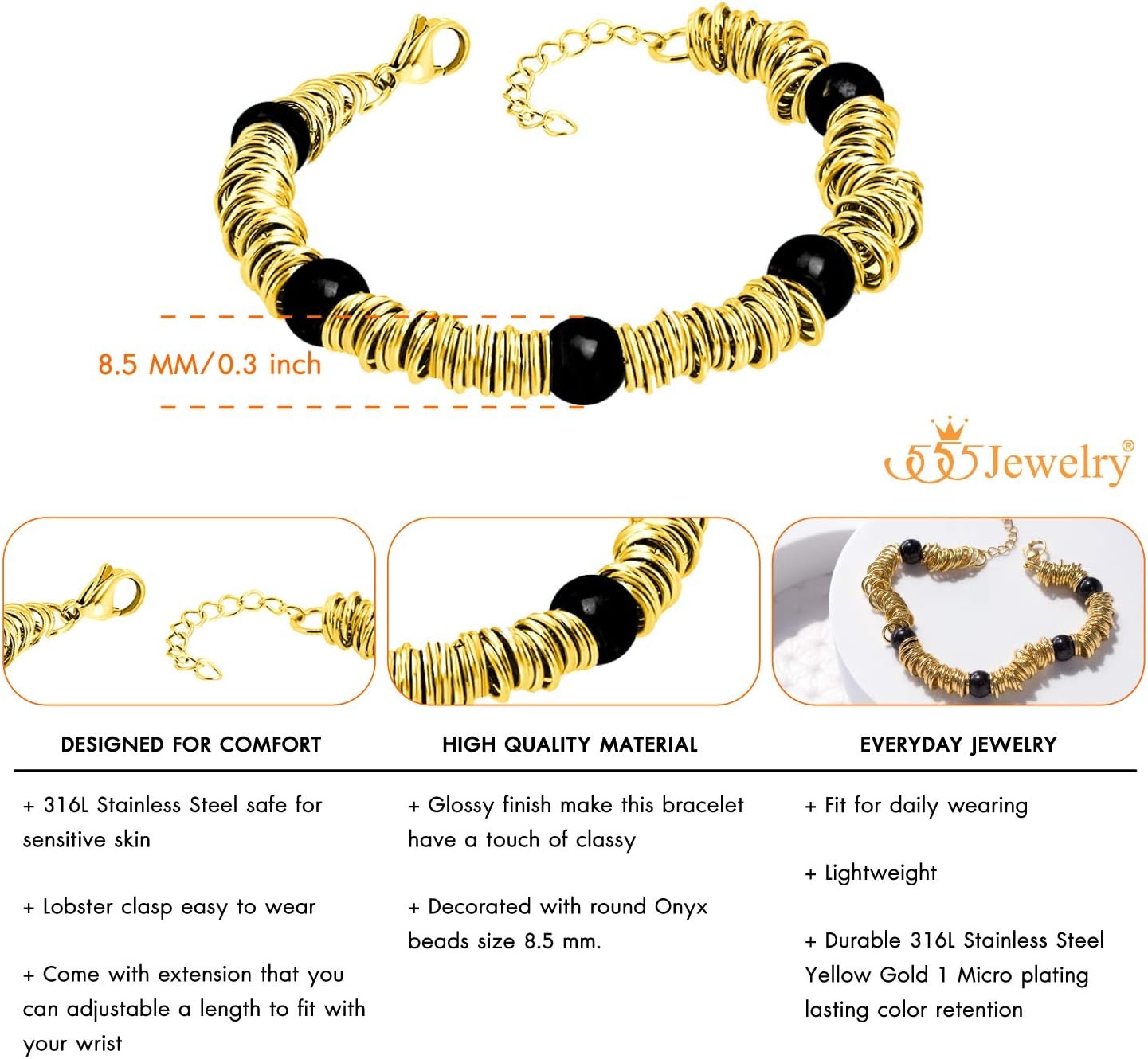 image:image555Jewelry Stainless Steel Extendable Charm Discs amp Beads Bracelet for WomenGold Onyx