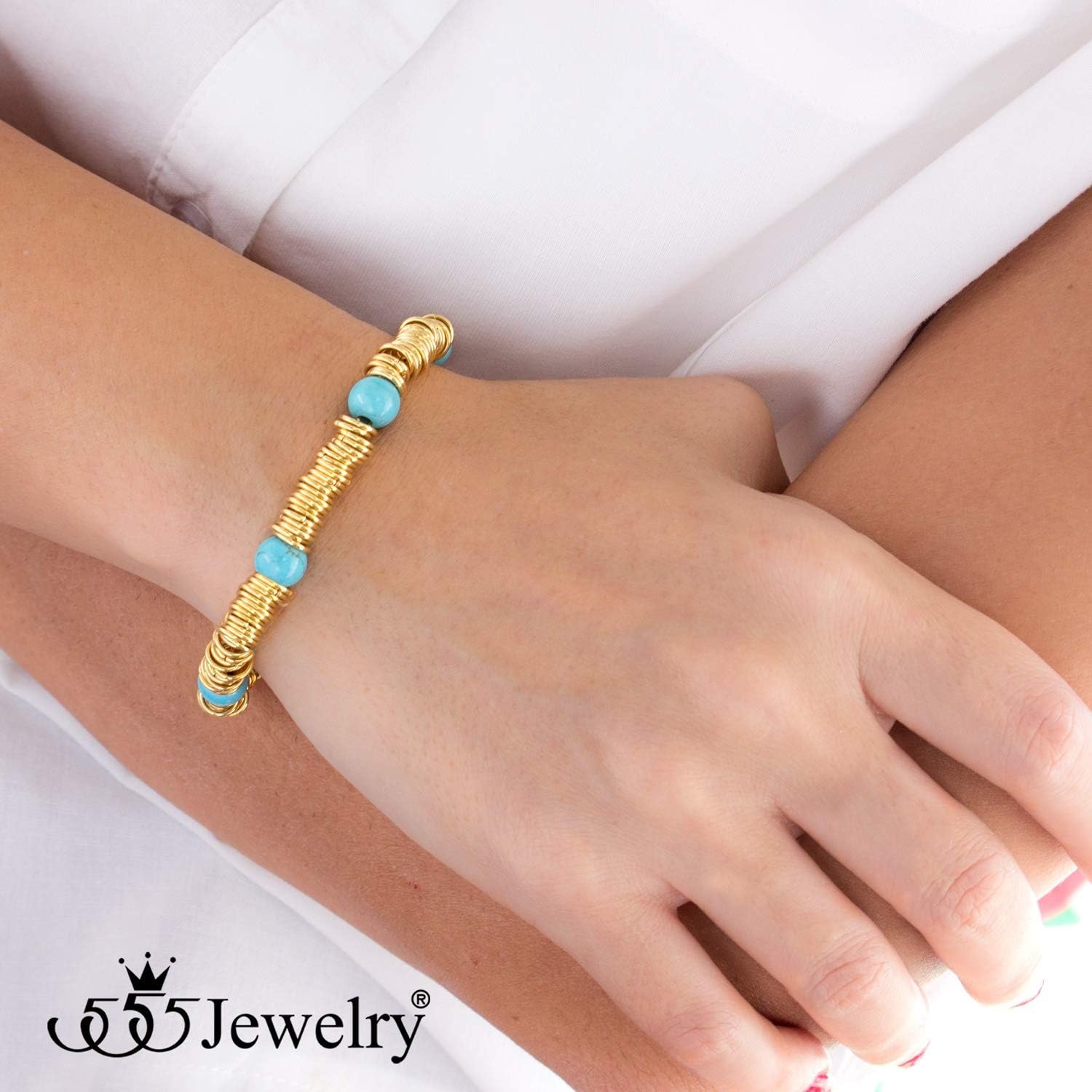 image:image555Jewelry Stainless Steel Extendable Charm Discs amp Beads Bracelet for WomenGold Turquoise
