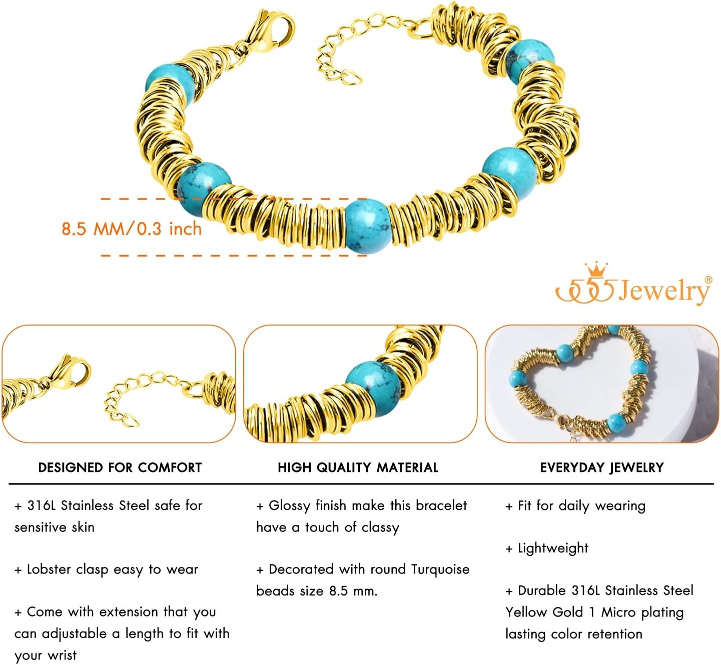 image:image555Jewelry Stainless Steel Extendable Charm Discs amp Beads Bracelet for WomenGold Turquoise