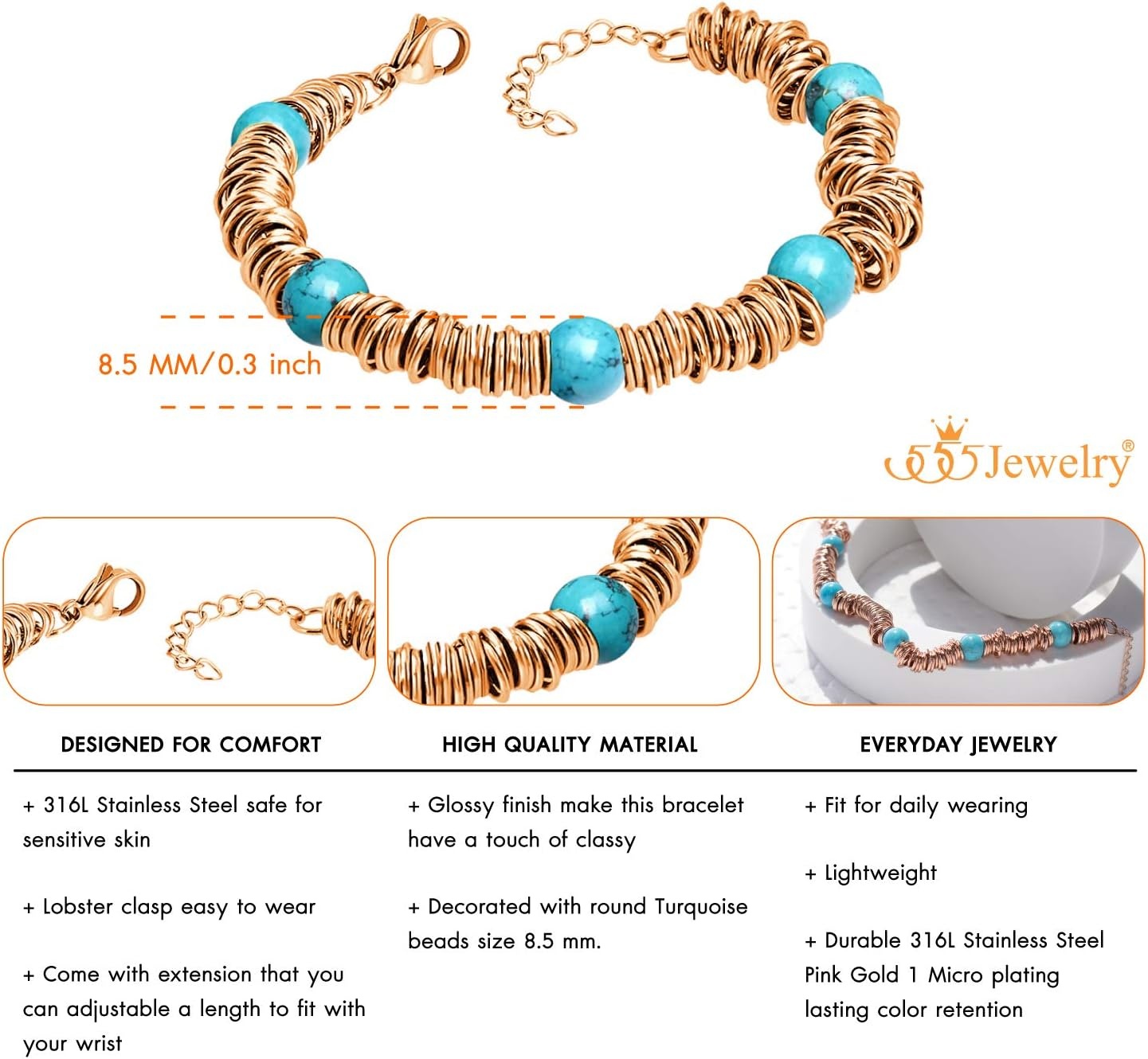image:image555Jewelry Stainless Steel Extendable Charm Discs amp Beads Bracelet for WomenRose Gold Turquoise