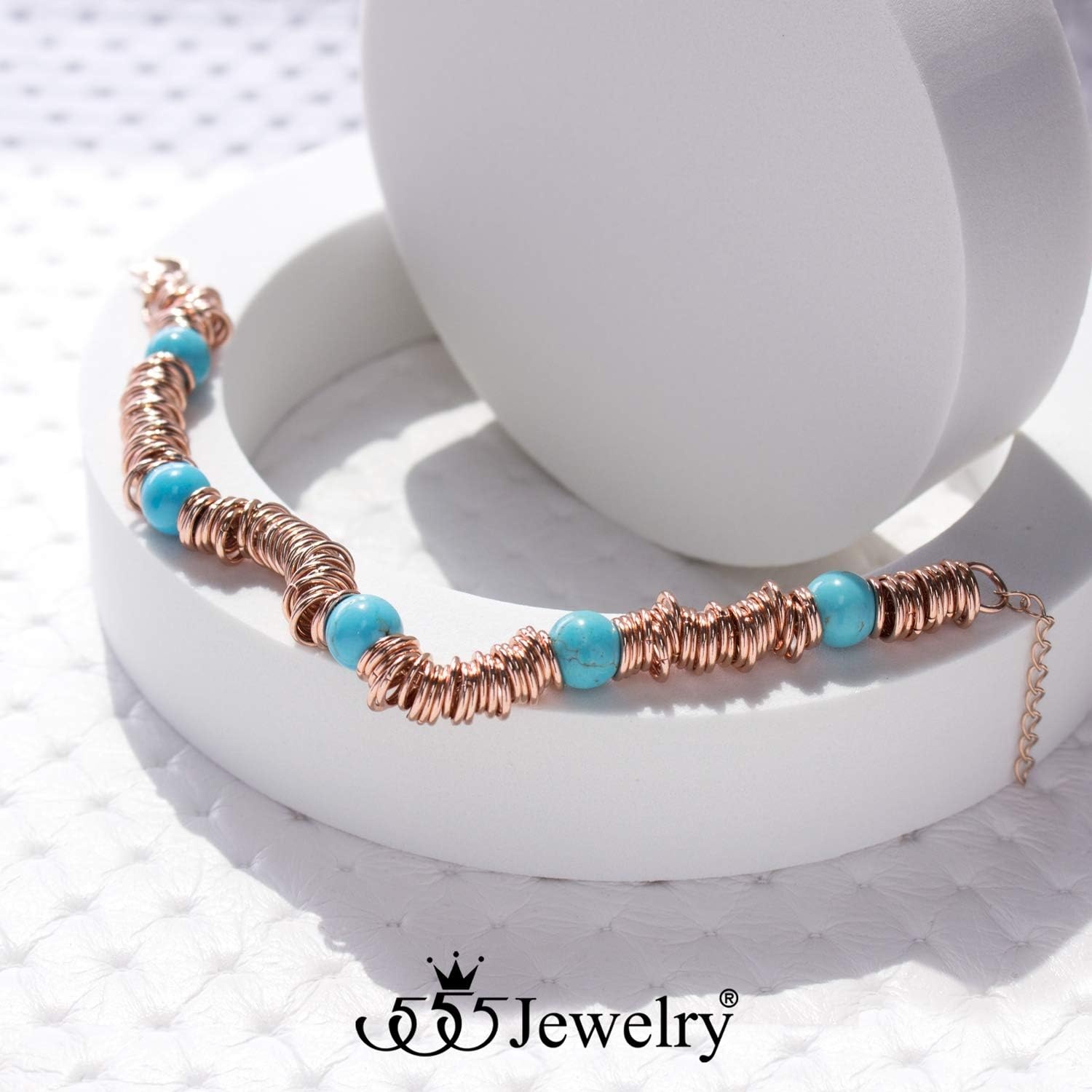 image:image555Jewelry Stainless Steel Extendable Charm Discs amp Beads Bracelet for WomenRose Gold Turquoise