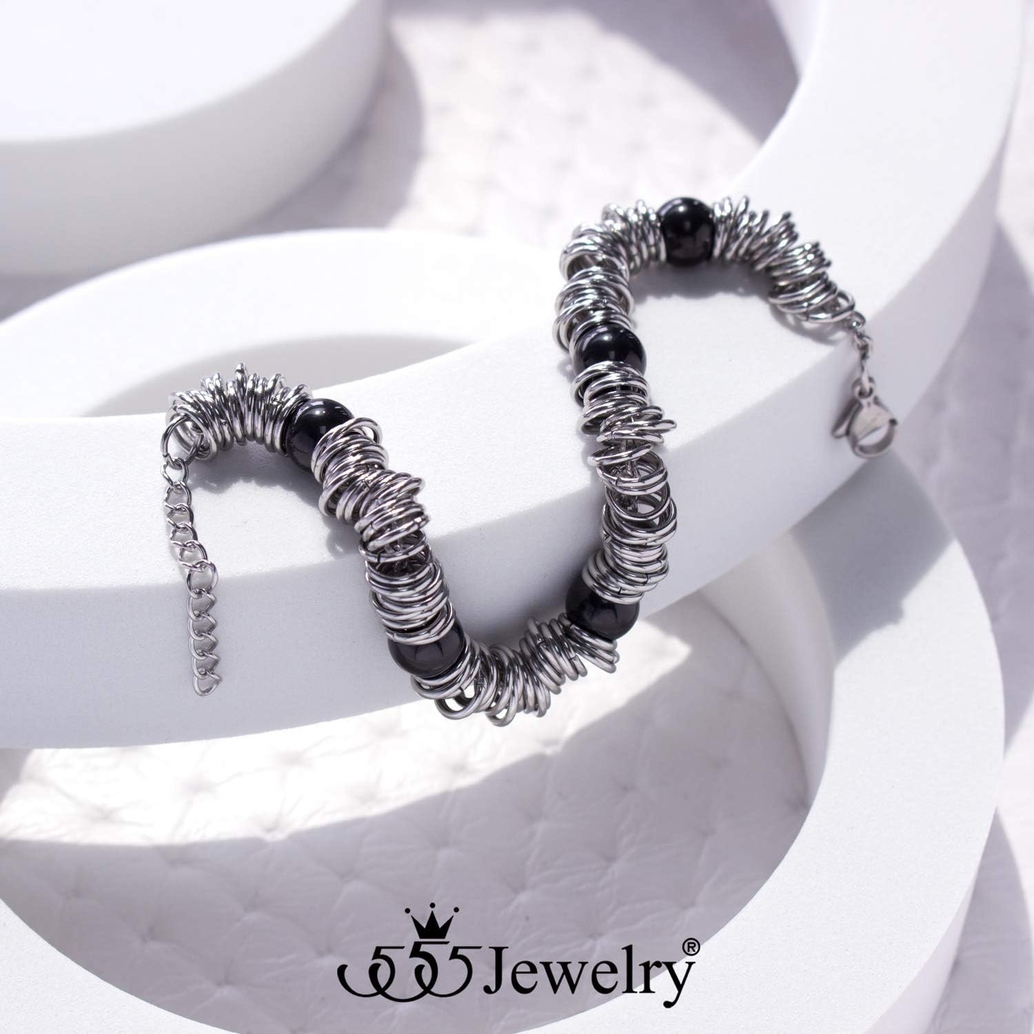 image:image555Jewelry Stainless Steel Extendable Charm Discs amp Beads Bracelet for WomenSilver Onyx