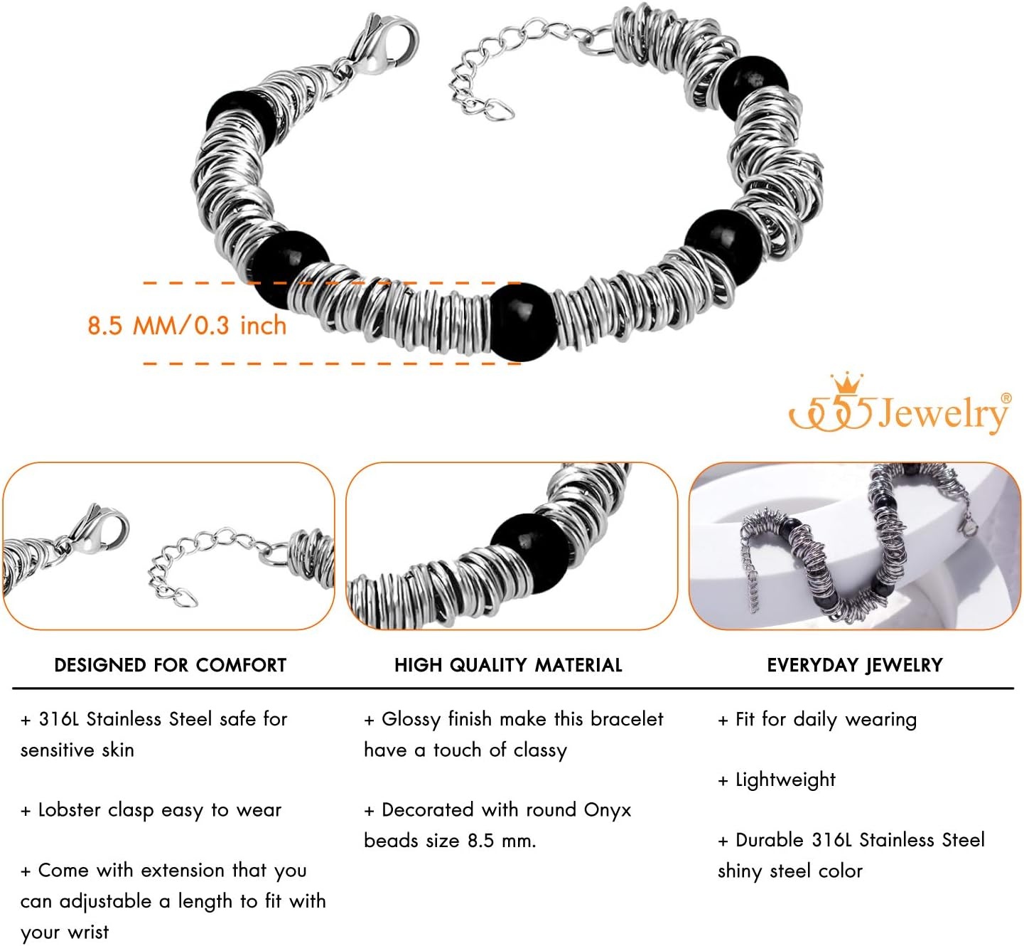 image:image555Jewelry Stainless Steel Extendable Charm Discs amp Beads Bracelet for WomenSilver Onyx