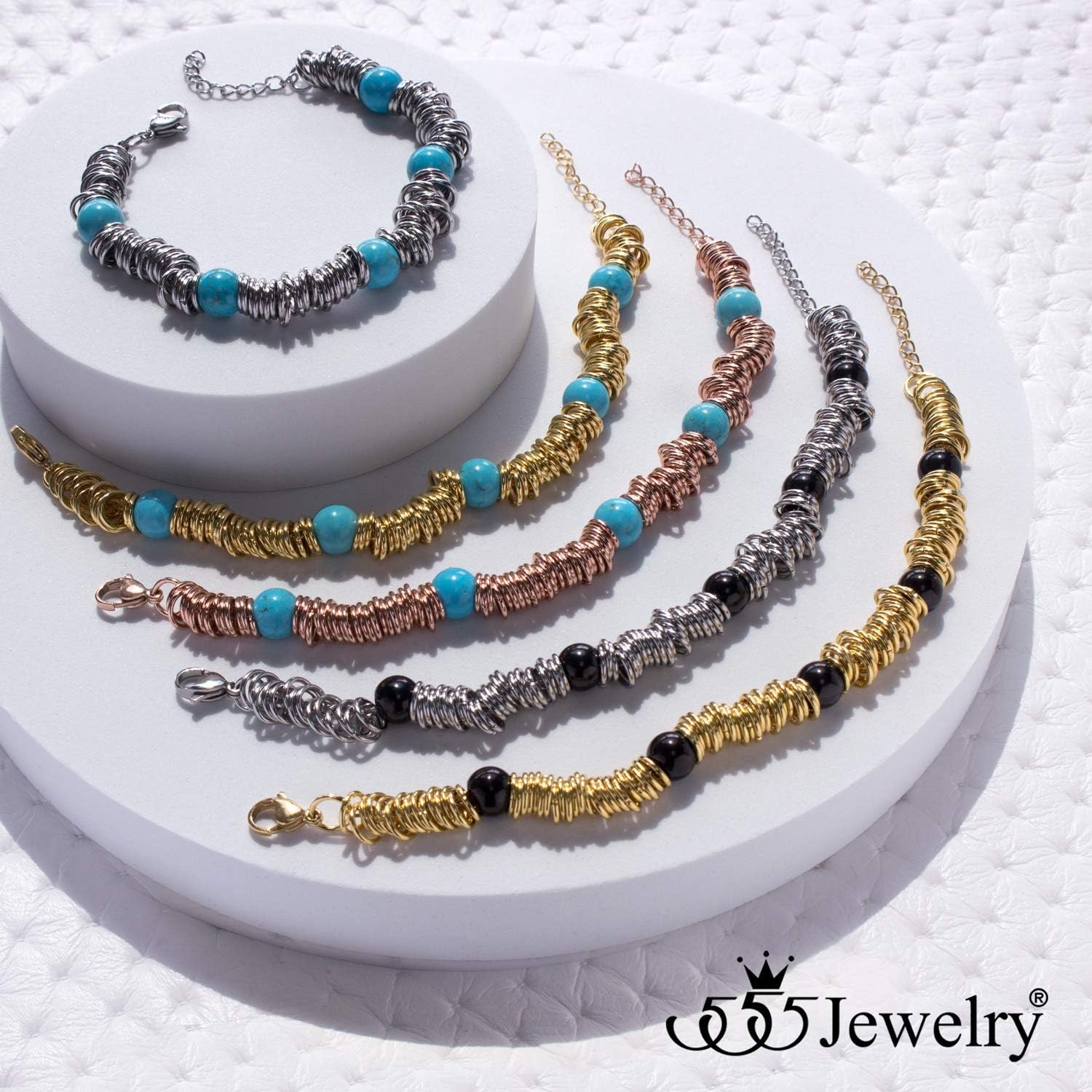 image:image555Jewelry Stainless Steel Extendable Charm Discs amp Beads Bracelet for WomenSilver Turquoise