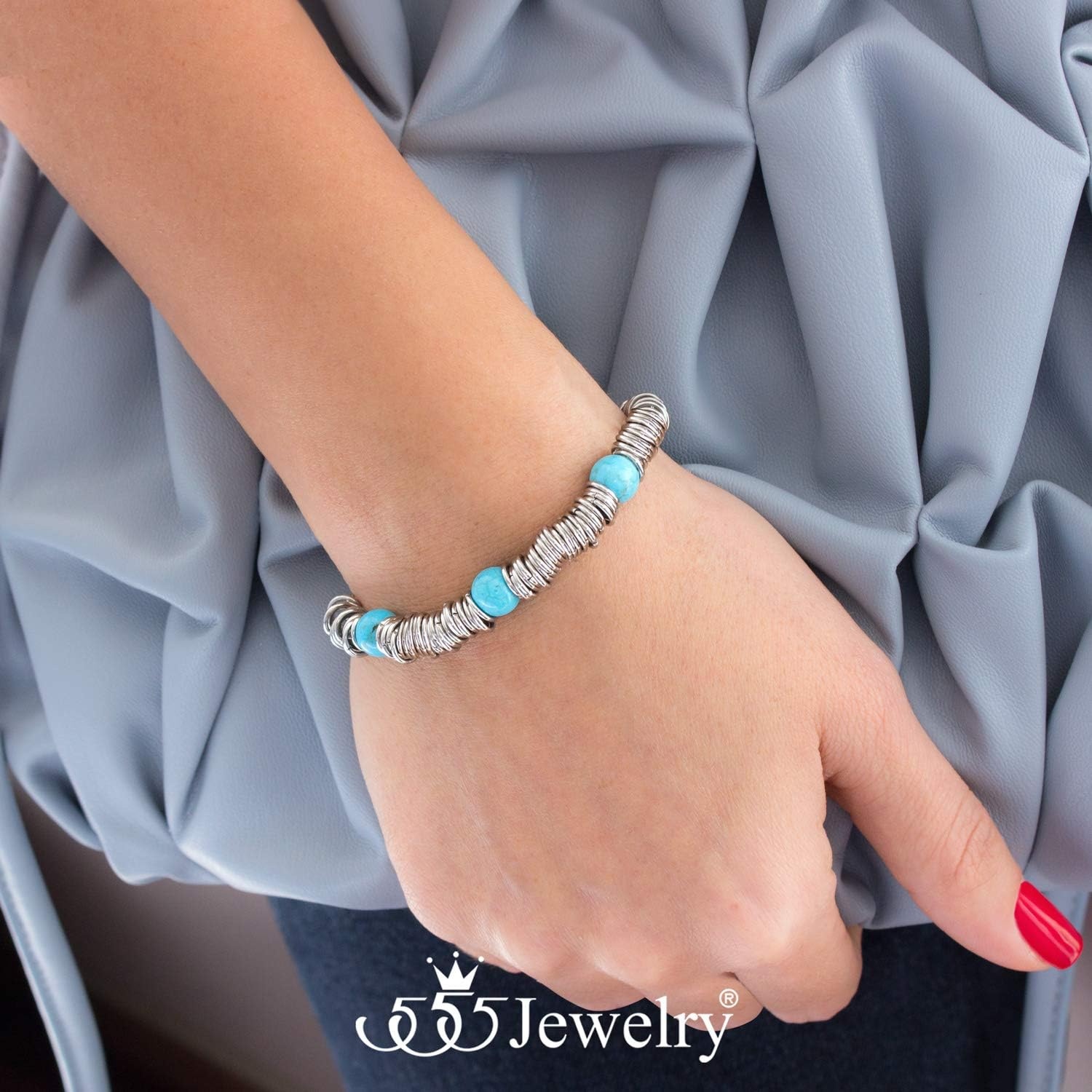 image:image555Jewelry Stainless Steel Extendable Charm Discs amp Beads Bracelet for WomenSilver Turquoise