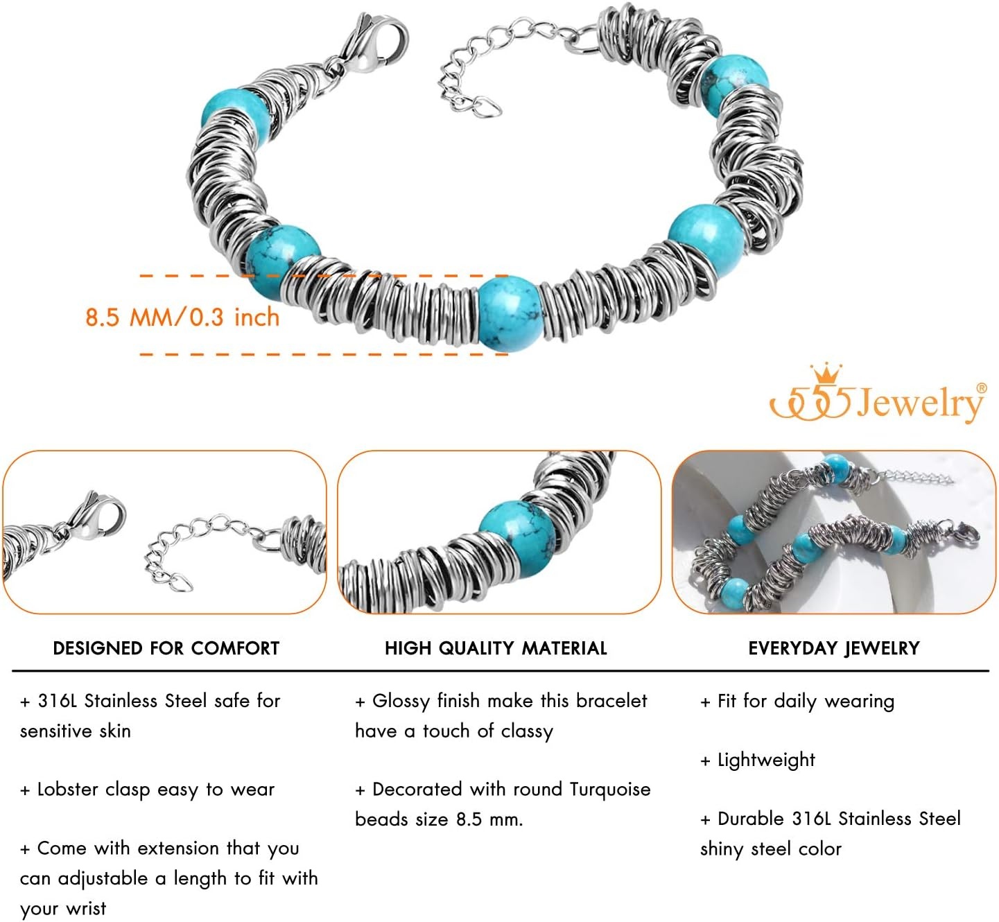 image:image555Jewelry Stainless Steel Extendable Charm Discs amp Beads Bracelet for WomenSilver Turquoise