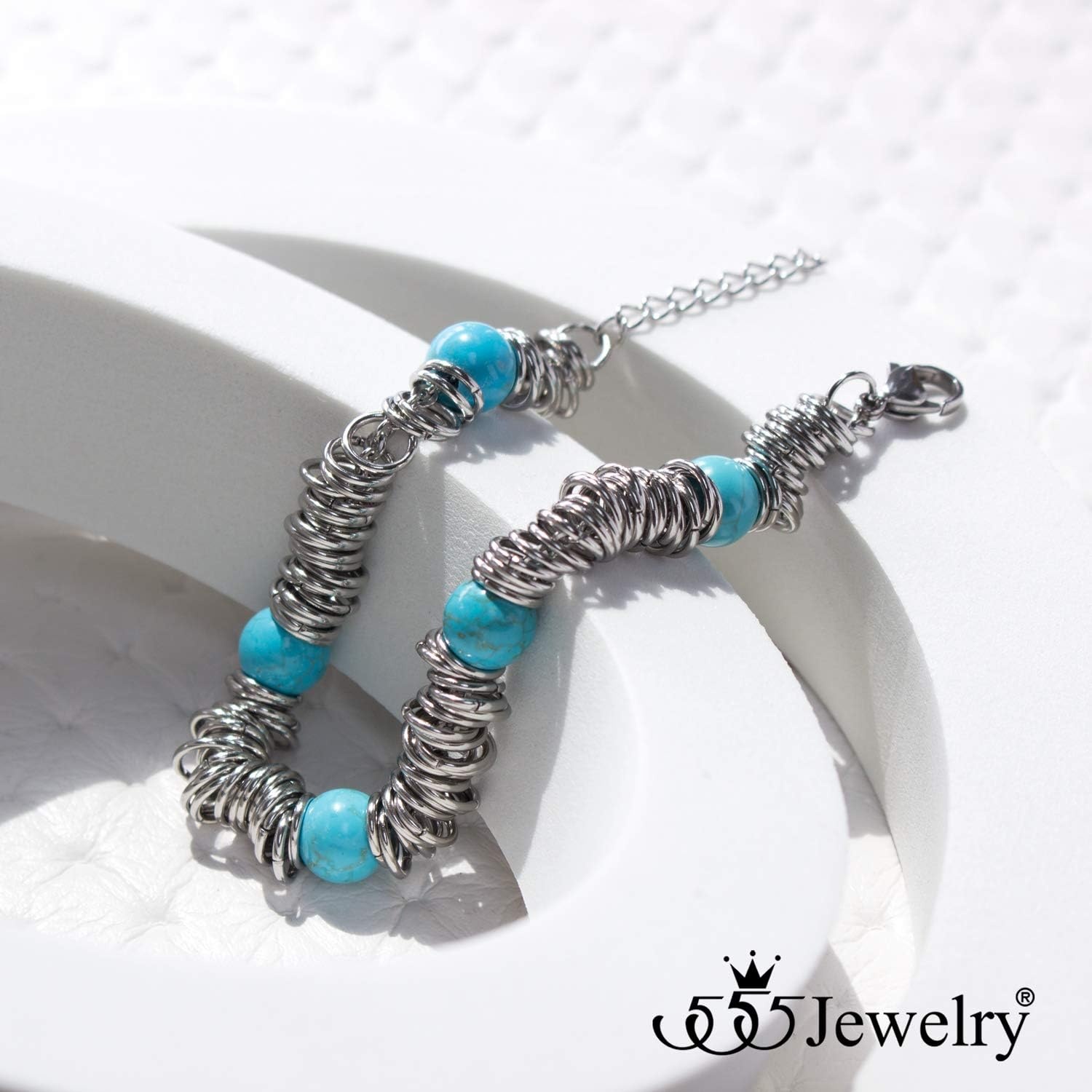 image:image555Jewelry Stainless Steel Extendable Charm Discs amp Beads Bracelet for WomenSilver Turquoise