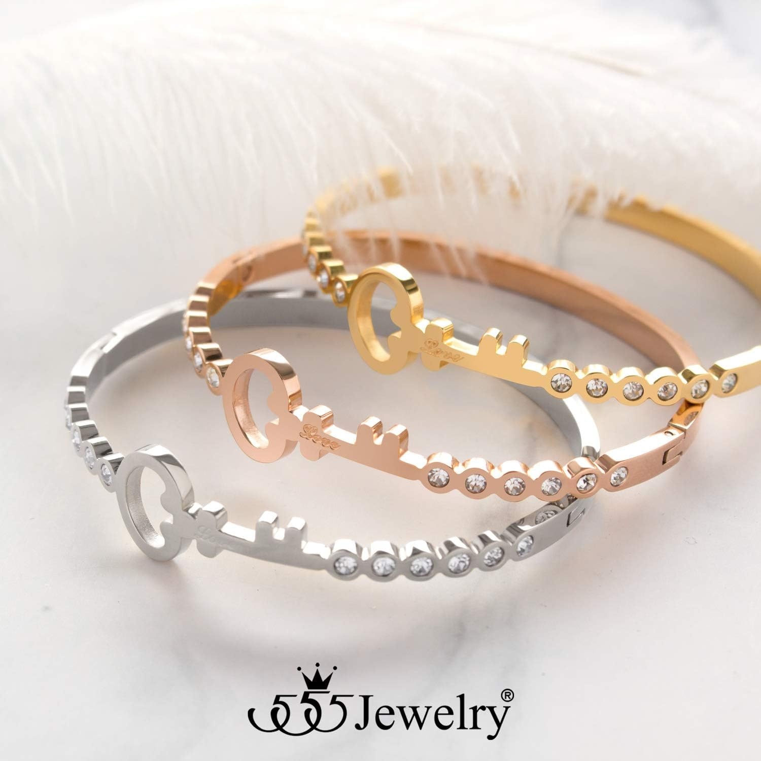 image:image555Jewelry Stainless Steel Hinge Lock CZ amp Vintage Key Cuff Bangle Bracelet for WomenGold