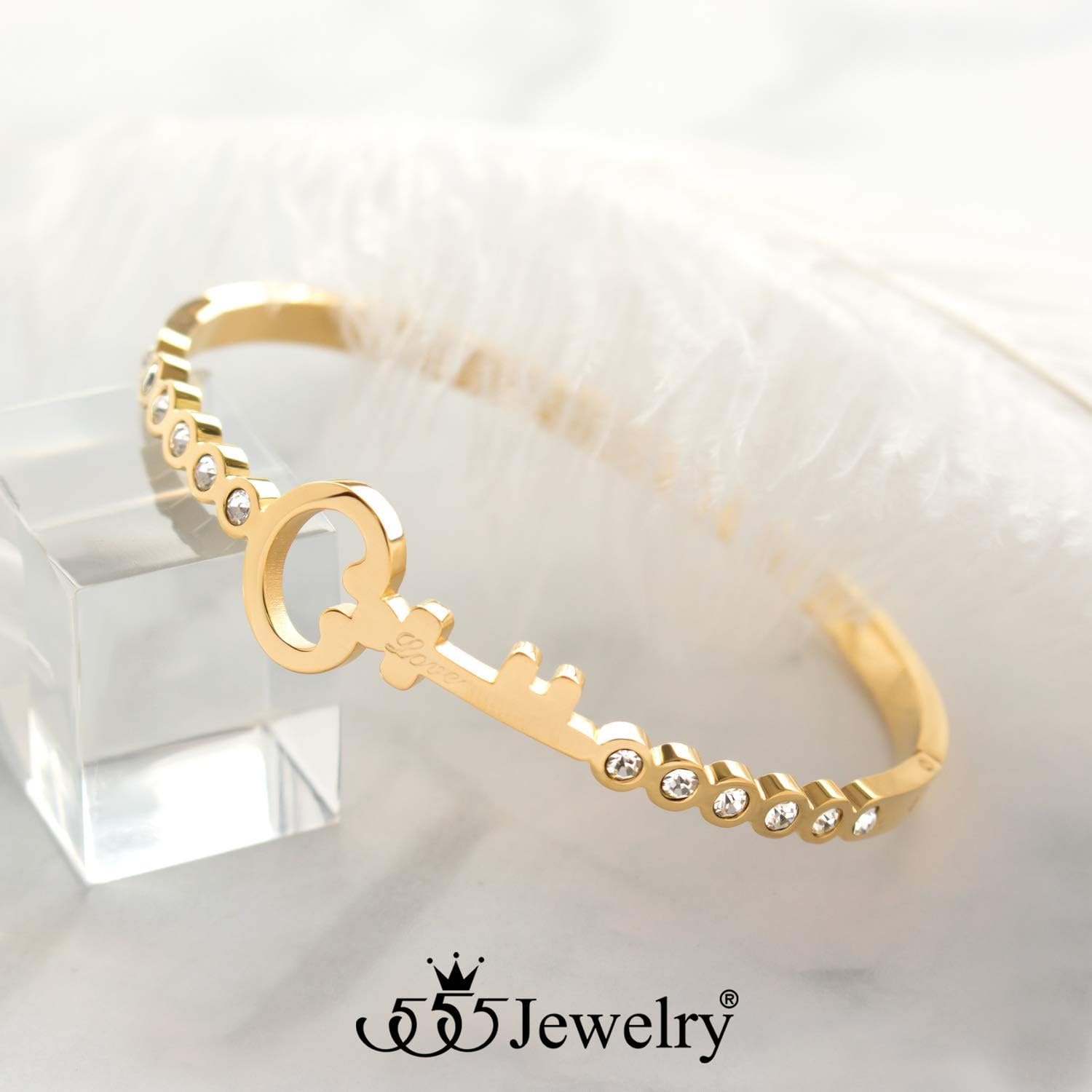 image:image555Jewelry Stainless Steel Hinge Lock CZ amp Vintage Key Cuff Bangle Bracelet for WomenGold
